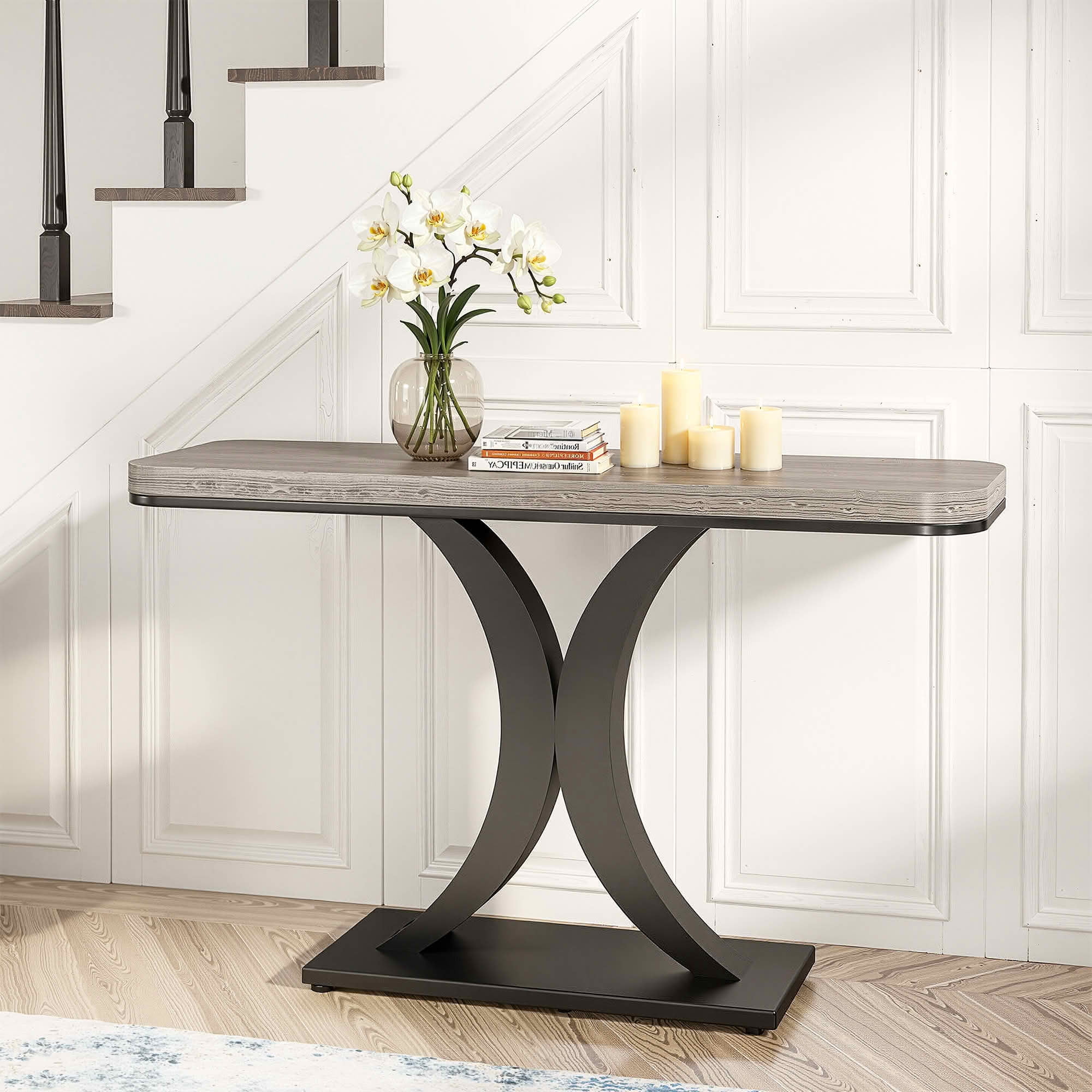 MAYEERTY 40 Inch Modern Industrial Narrow Console Table, Curved Wood Top Geometric Black Metal Base Entryway Decor Table
