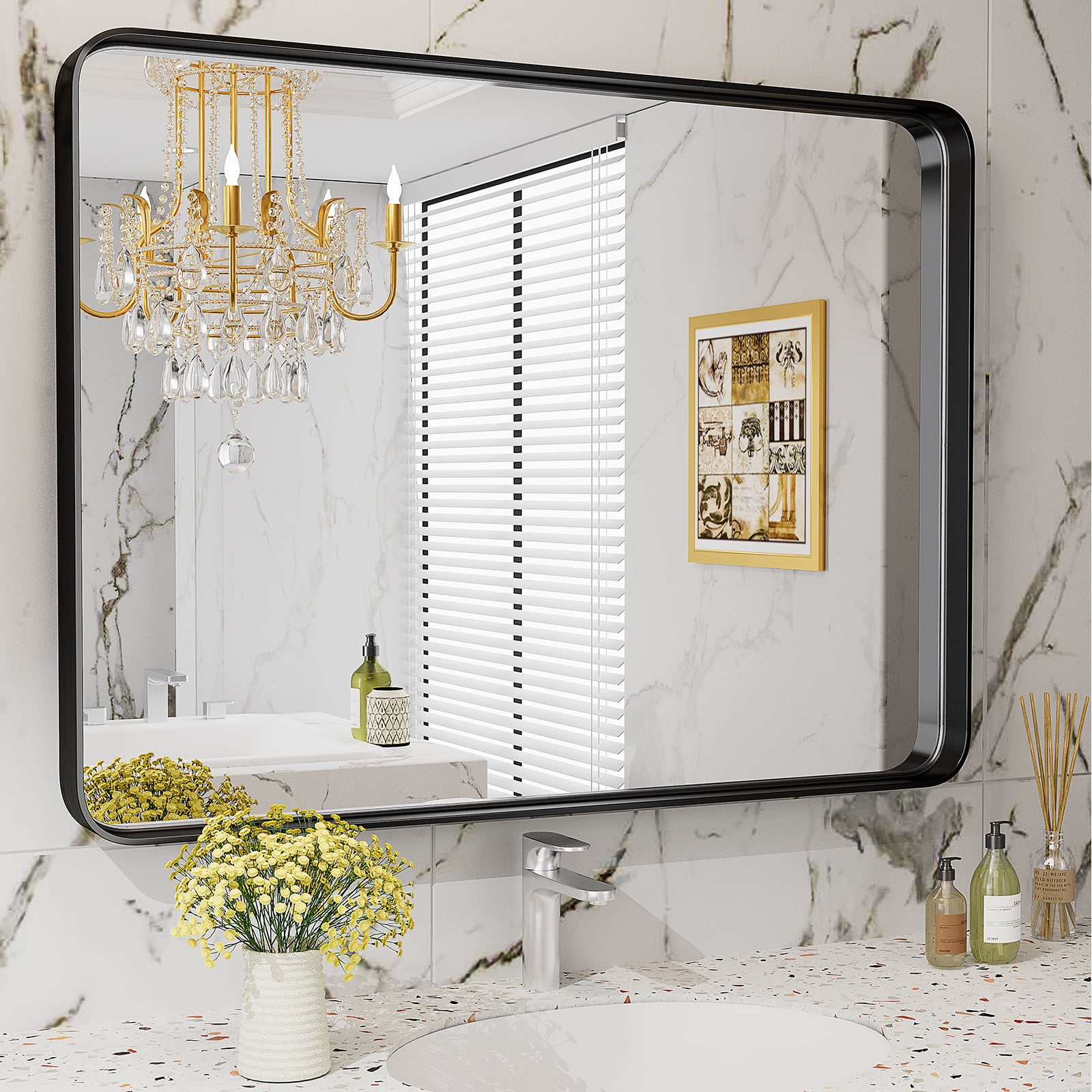 MAYEERTY 40" Rectangle Bathroom Mirror Aluminum Alloy Wall Mounted Mirror for Vanity，Black
