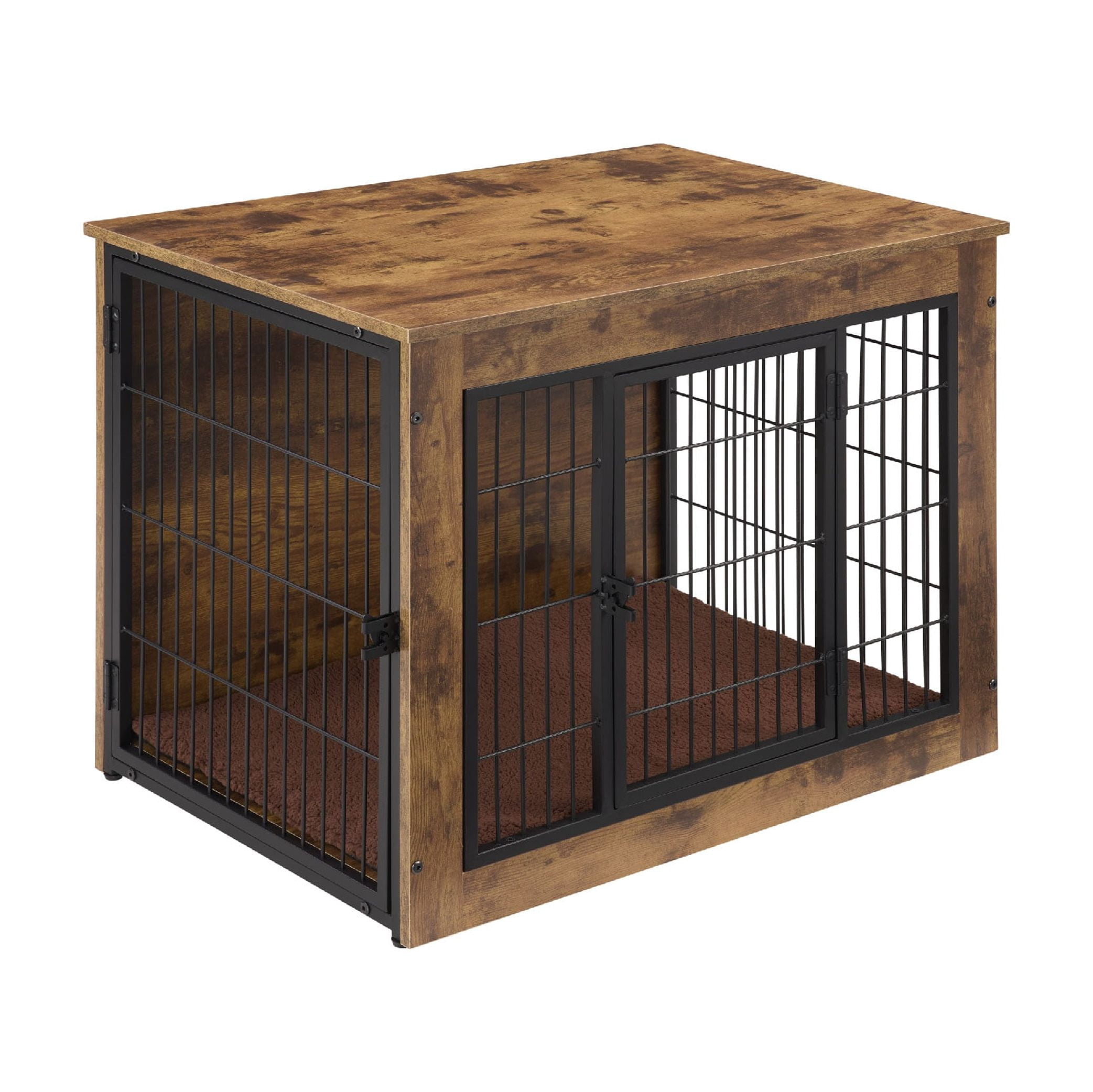 MAYEERTY 40" Wooden Dog Crate Furniture with Cushion, Double Doors for Small/Medium Dogs, Rustic Brown