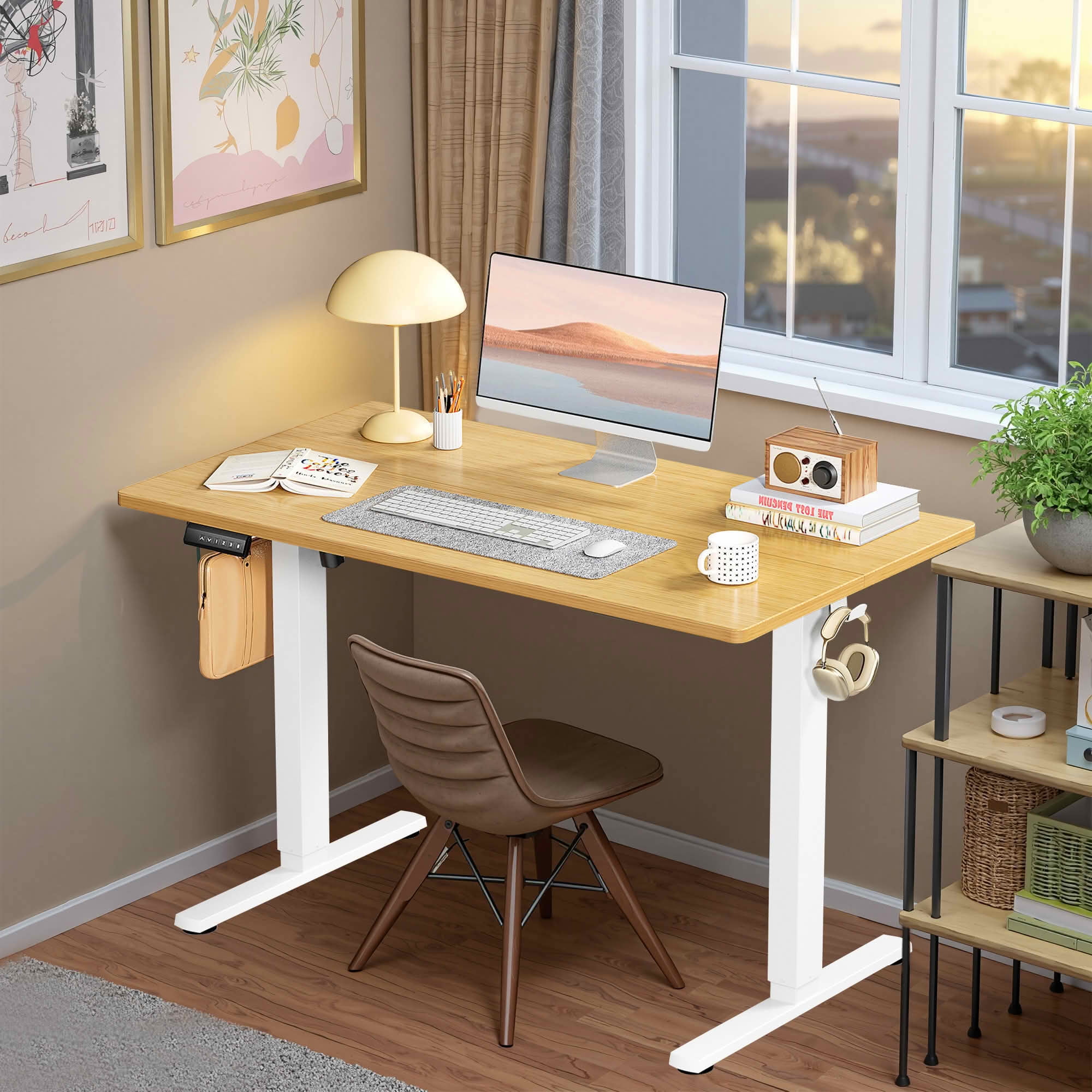 MAYEERTY 40x24 Ergonomic Height Adjustable Desk, T-Shaped Metal Bracket, Computer Workstation, Oak