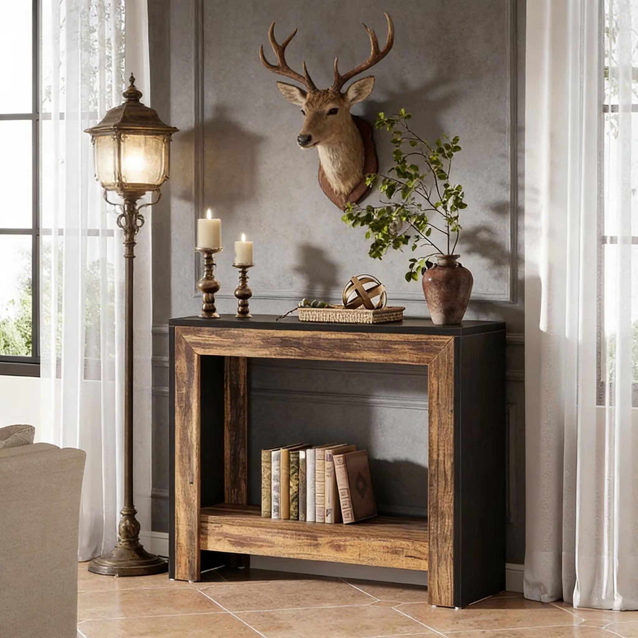 MAYEERTY 41.3" Farmhouse Console Table, Rustic Wood Entryway Table with Open Storage Shelf, for Living Room, Hallway, Small Spaces