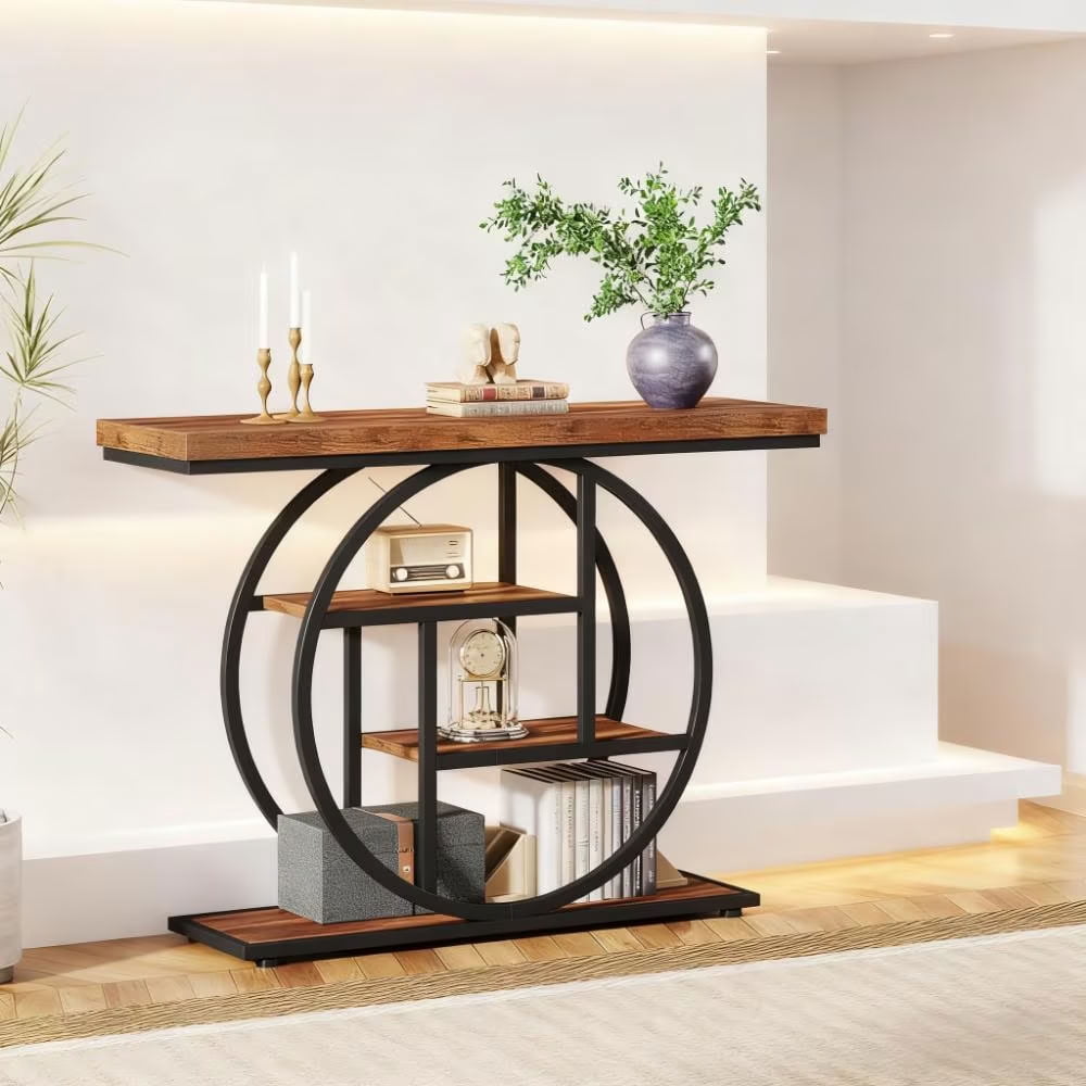 MAYEERTY 41.3" Industrial Console Table, 4-Tier Wood Accent Sofa Table for Entryway, Hallway, Living Room, Narrow Design