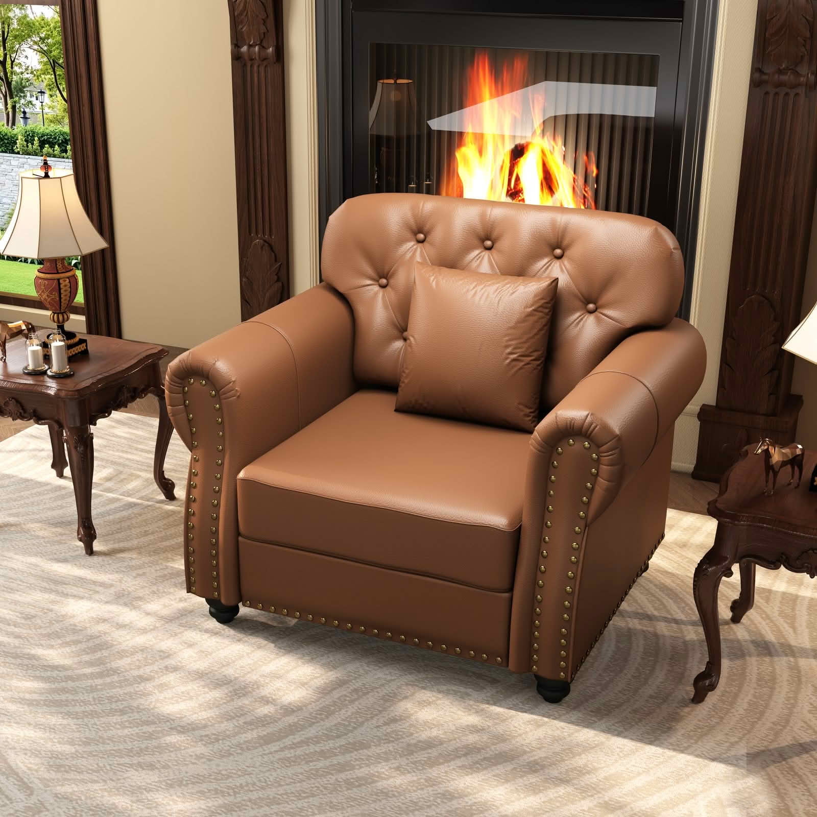 MAYEERTY 41.3" Upholstered Faux Leather Single Sofa, Mid‑Century Modern Chesterfield Accent Chair with Button Tufted, Nailhead Trim & Rolled Armrests, Includes 1 Pillow