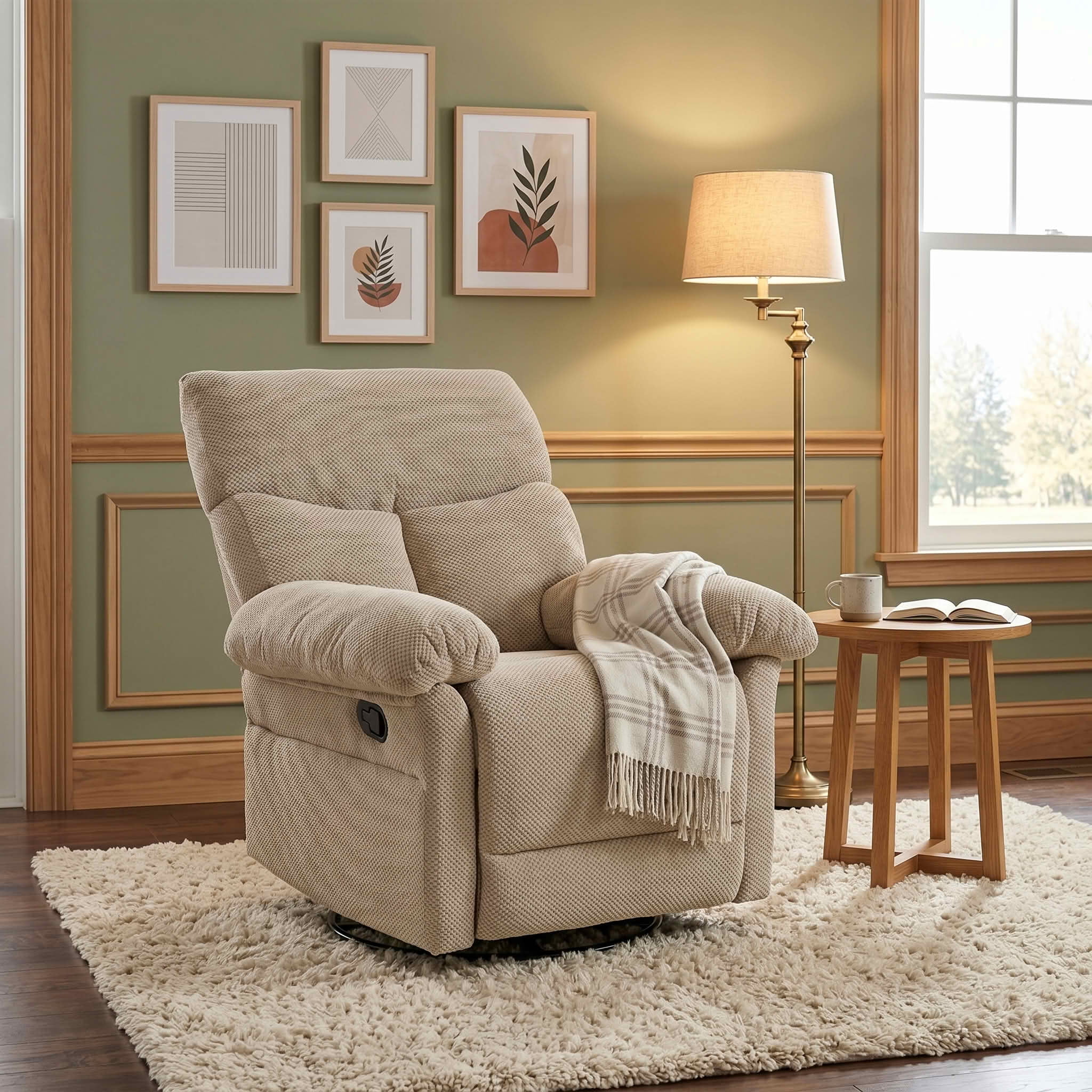 MAYEERTY 41 In Swivel Rocker Recliner, 360 Degree Manual Glider, Overstuffed, Camel, 300 lb