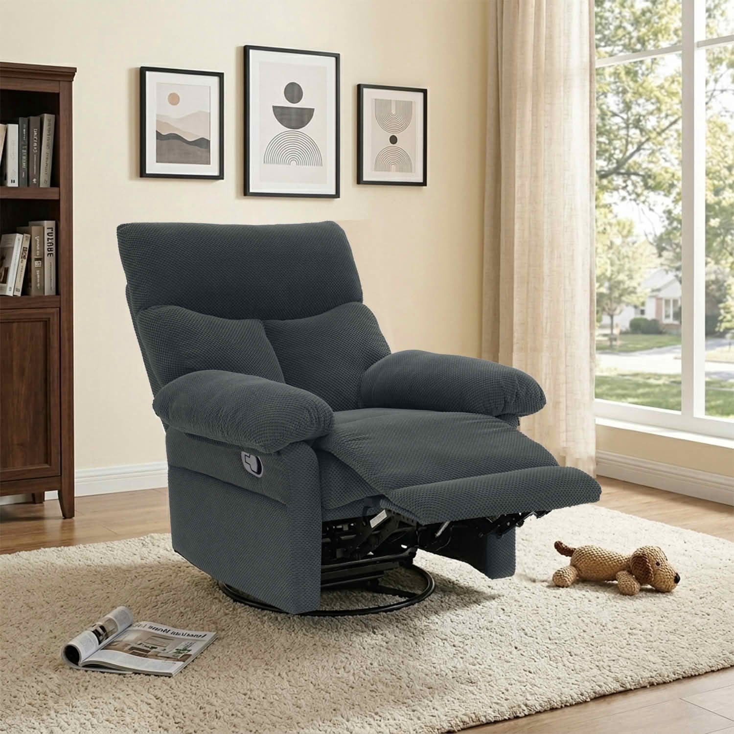 MAYEERTY 41 In Swivel Rocker Recliner, 360 Degree Manual Glider, Overstuffed, Dark Gray, 300 lb