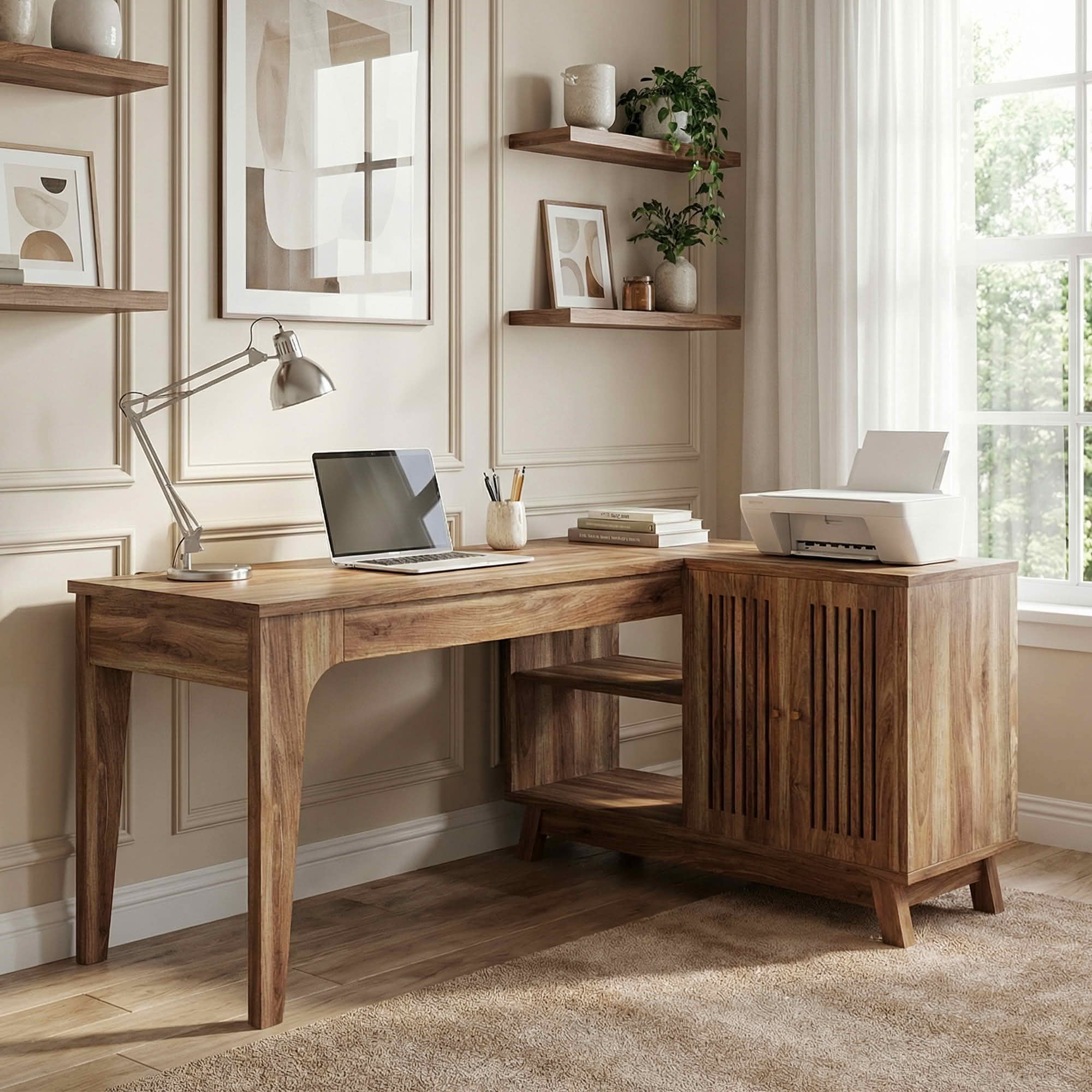 MAYEERTY 41" L-Shaped Corner Desk, Modern Minimalist Wooden Workstation with 2 Open Shelves & Lateral Cabinet