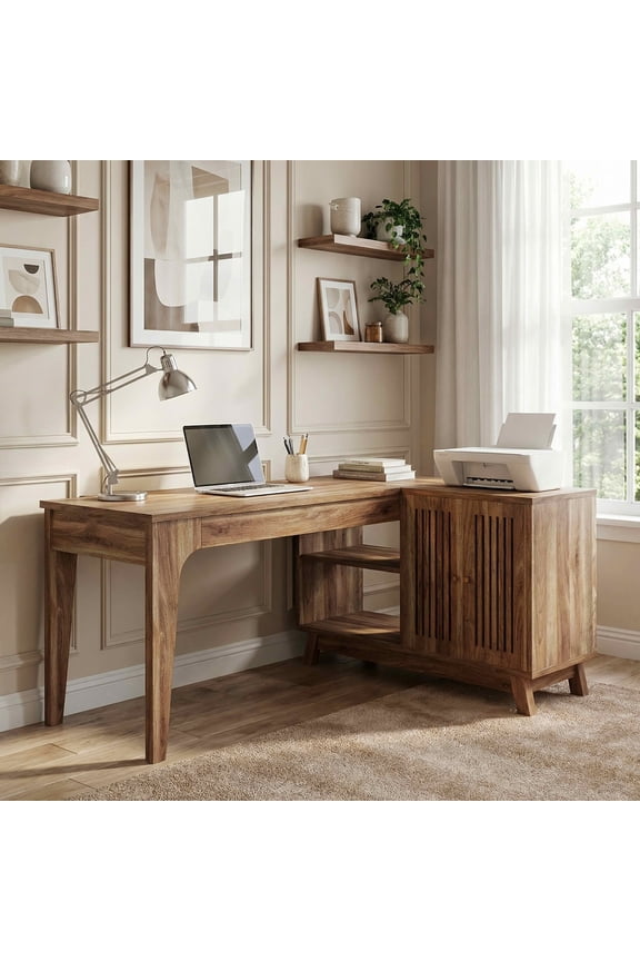 41" L-Shaped Corner Desk, Modern Minimalist Wooden Workstation with 2 Open Shelves & Lateral Cabinet