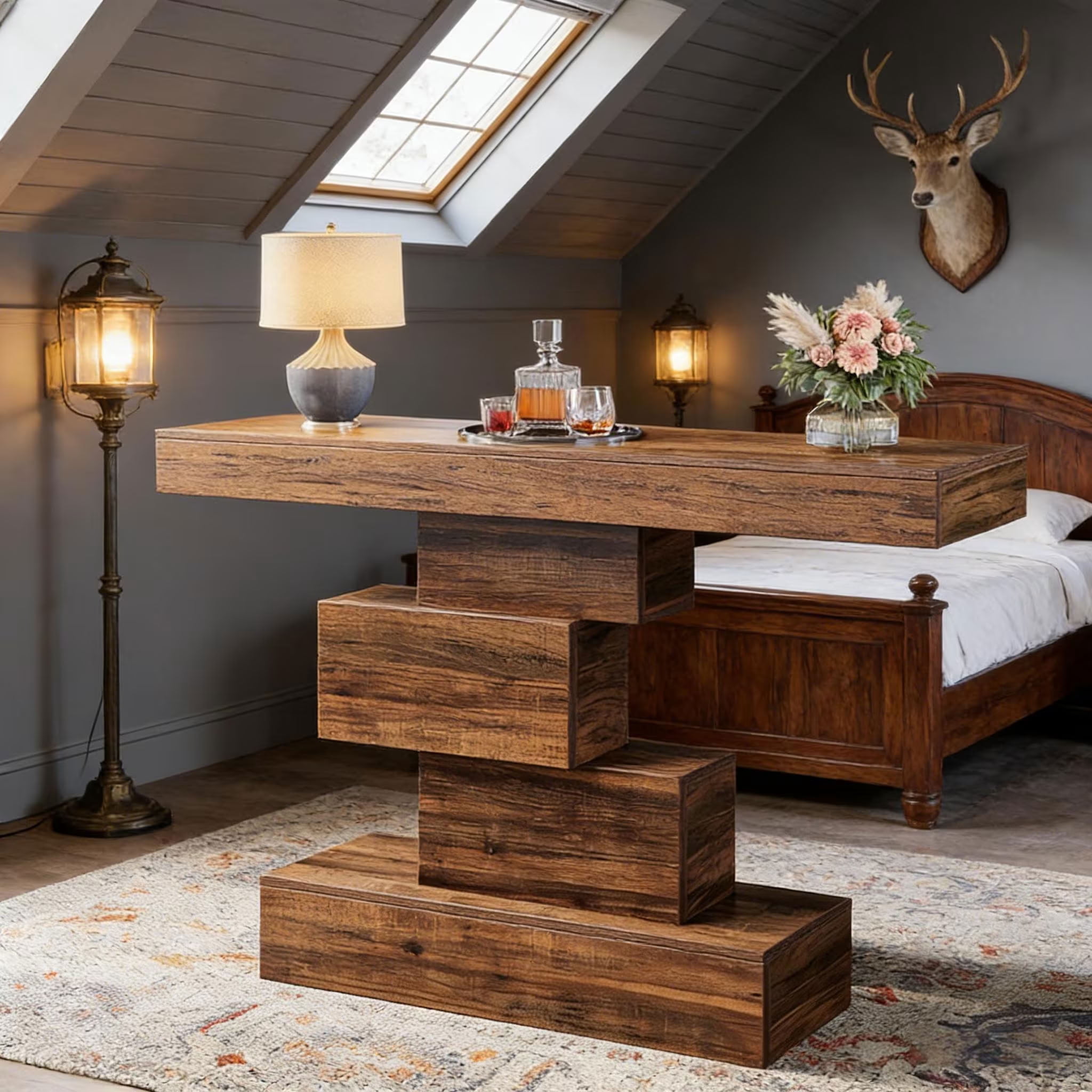 MAYEERTY 42.5" Farmhouse Console Table, Rustic Wood Sofa Table with Unique Geometric Base, Modern Accent Entryway Table for Living Room, Hallway