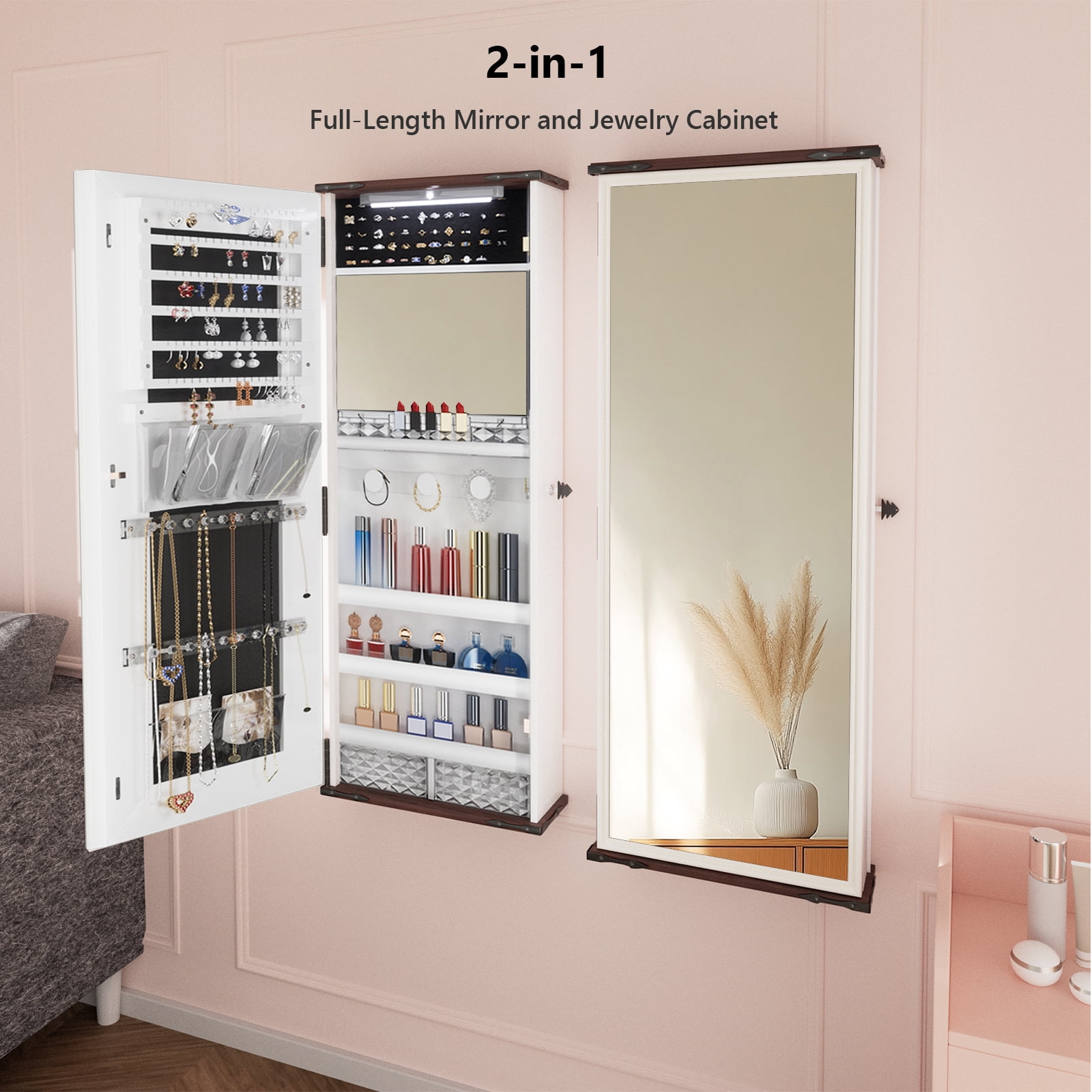 MAYEERTY 42.52"x16.14" 2-in-1 Jewelry Cabinet with Full-Length Mirror, Door-Hanging Makeup Organizer with Built-in Light for Bedroom