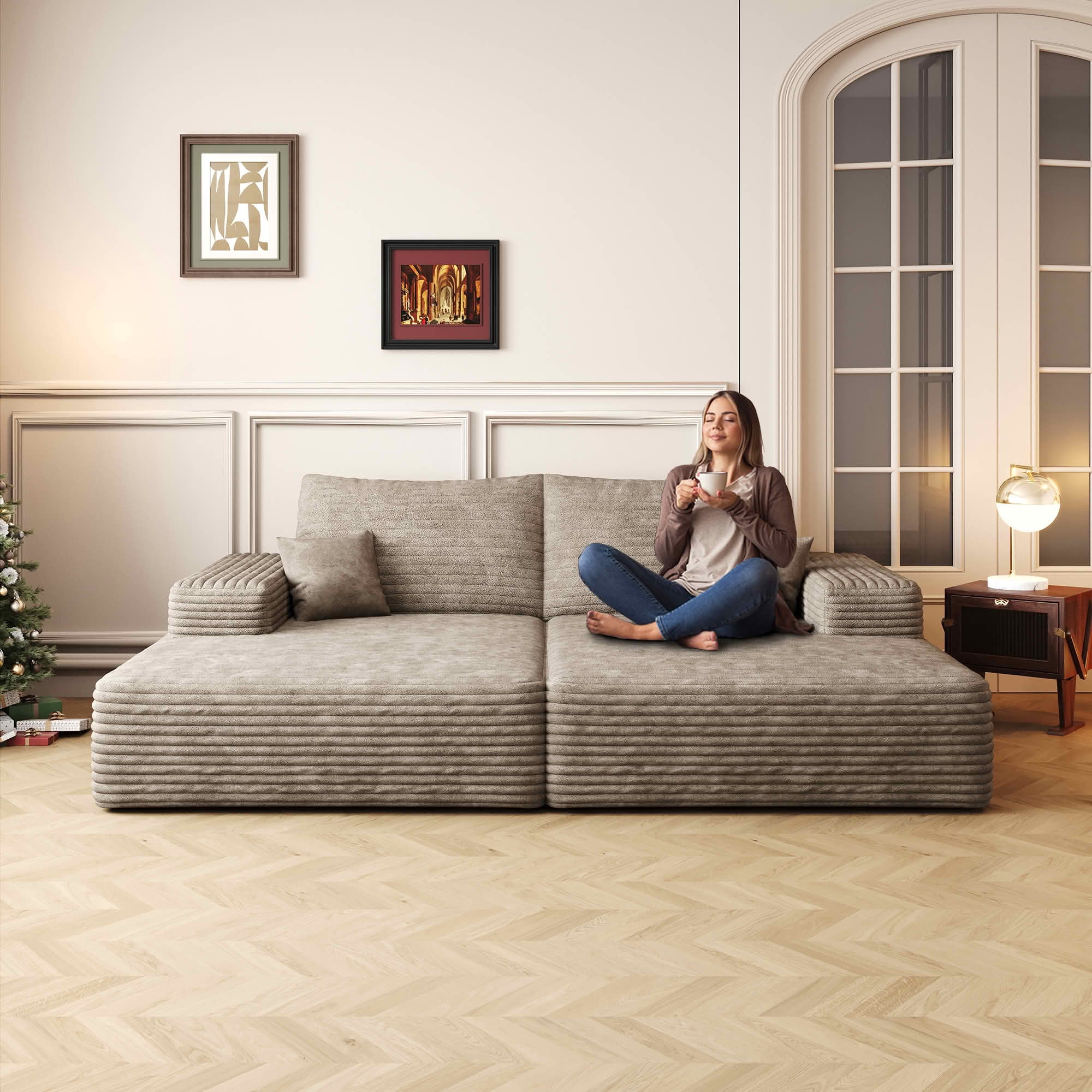 MAYEERTY 74.8" Warm Camel Plush Corduroy 2-Seat Modular Dual Sleeper Sofa Bed, Reclining Lounger Floor Couch, No Assembly Required for Movie Room Primary Living Space Bedroom Apartment
