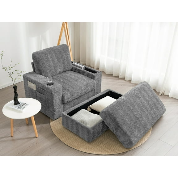 MAYEERTY 42" Oversized Faux Rabbit Fur Chaise Lounge Sofa Bed with Storage & Cupholders, 4 Colors