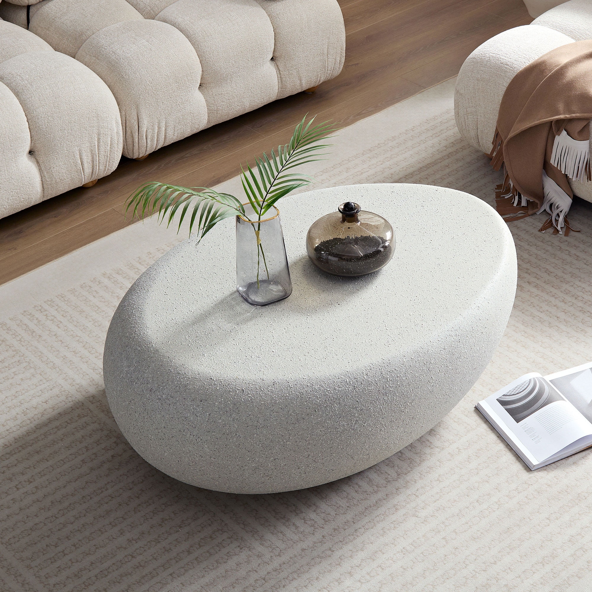 MAYEERTY 43.31'' Fiberglass Elliptical Coffee Table, Vintage Matte Rocks Sofa Side Table, No-Assembly Irregular Center Table for Living Room