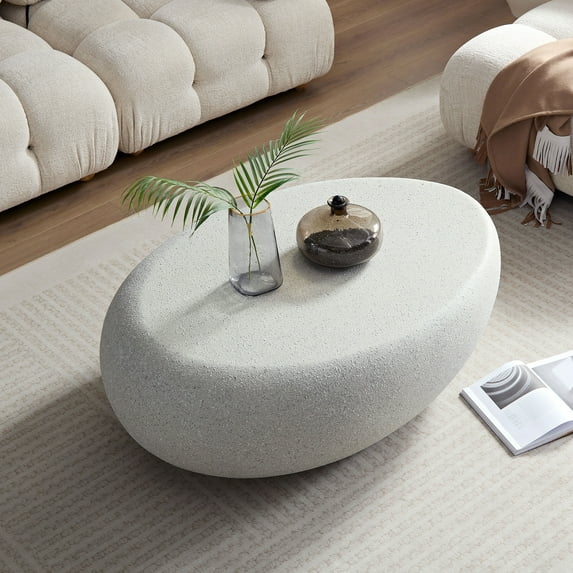 MAYEERTY 43.31'' Fiberglass Elliptical Coffee Table, Vintage Matte Rocks Sofa Side Table, No-Assembly Irregular Center Table for Living Room