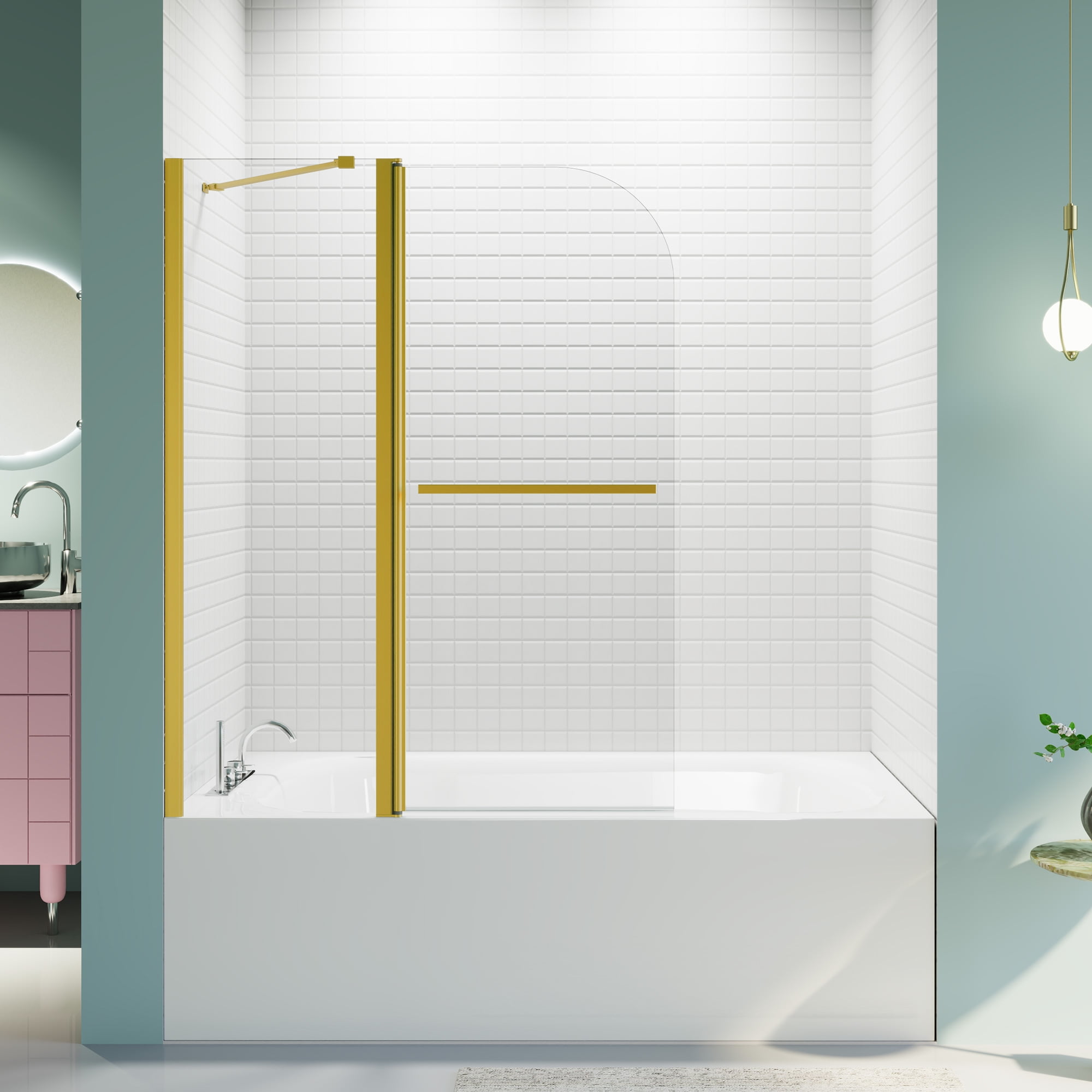 MAYEERTY 43*58" Frameless Folding Shower Door for Bathtub, Tempered Glass, Brushed Gold, Space-Saving, Easy Instal