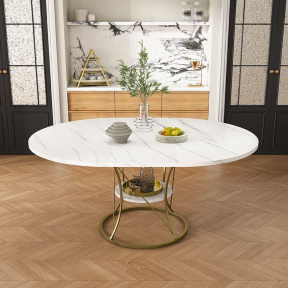 Lirago 43"-59" Extendable Round Dining Table with Storage Shelf, Rail-Free Clasp Expandable Table Seats 4-6 for Small Space