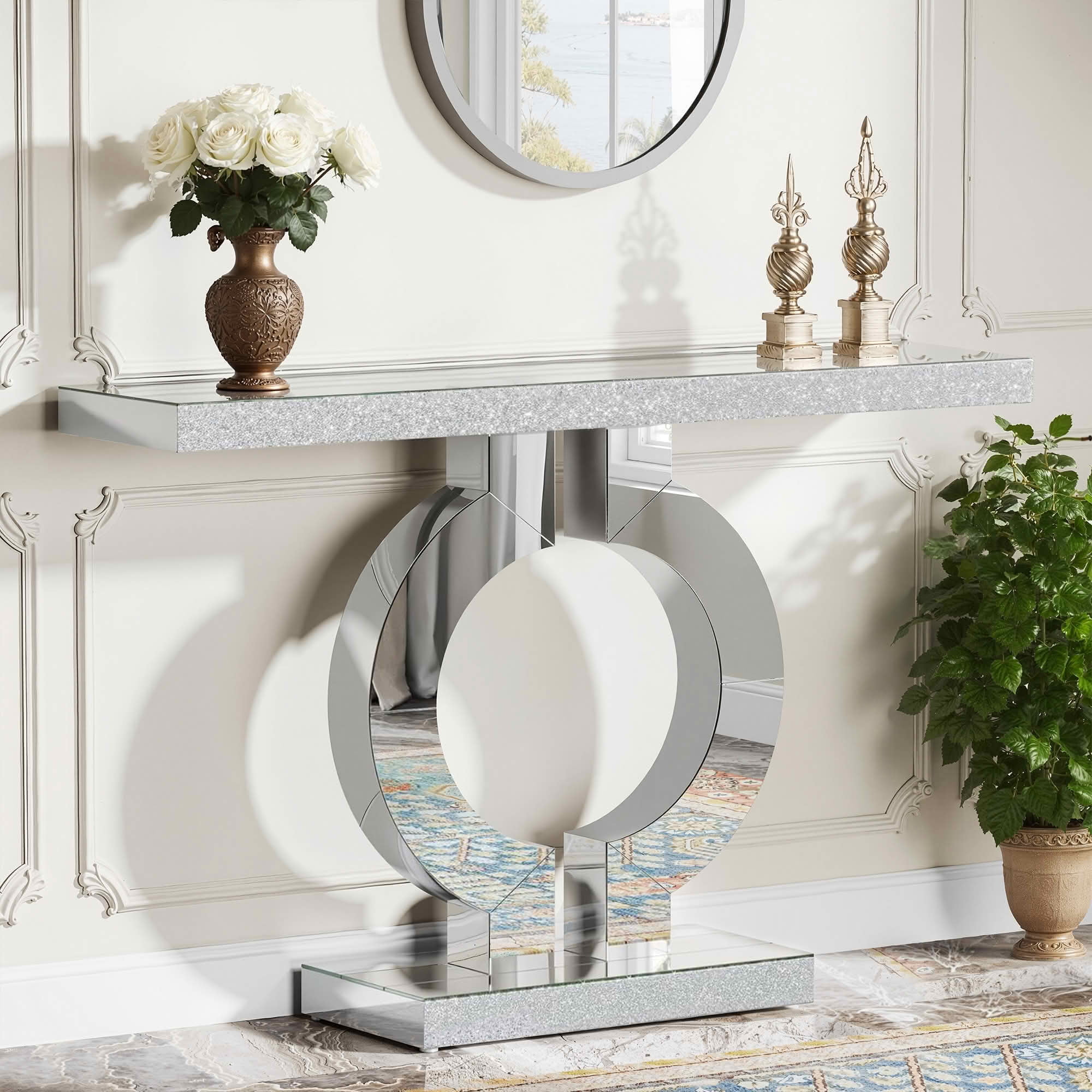 MAYEERTY 43" Modern Mirrored Console Table, Shiny Acrylic Veneer O-Shaped Silver Sofa Table for Entryway Living Room Bedroom