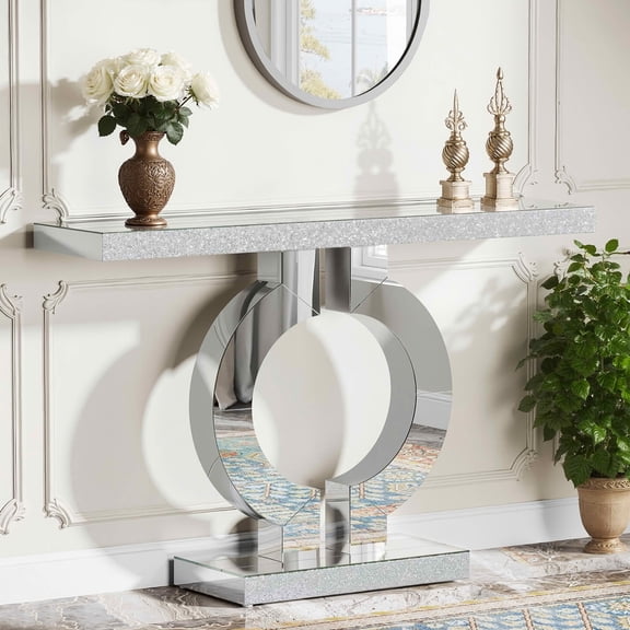 MAYEERTY 43" Modern Mirrored Console Table, Shiny Acrylic Veneer O-Shaped Silver Sofa Table for Entryway Living Room Bedroom