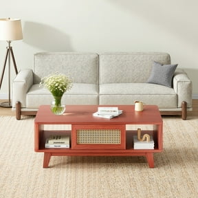 MAYEERTY 44"Cherry Modern Square Wooden Coffee Table with Rattan Drawer for Living Room