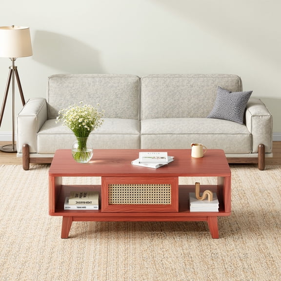 MAYEERTY 44"Cherry Modern Square Wooden Coffee Table with Rattan Drawer for Living Room