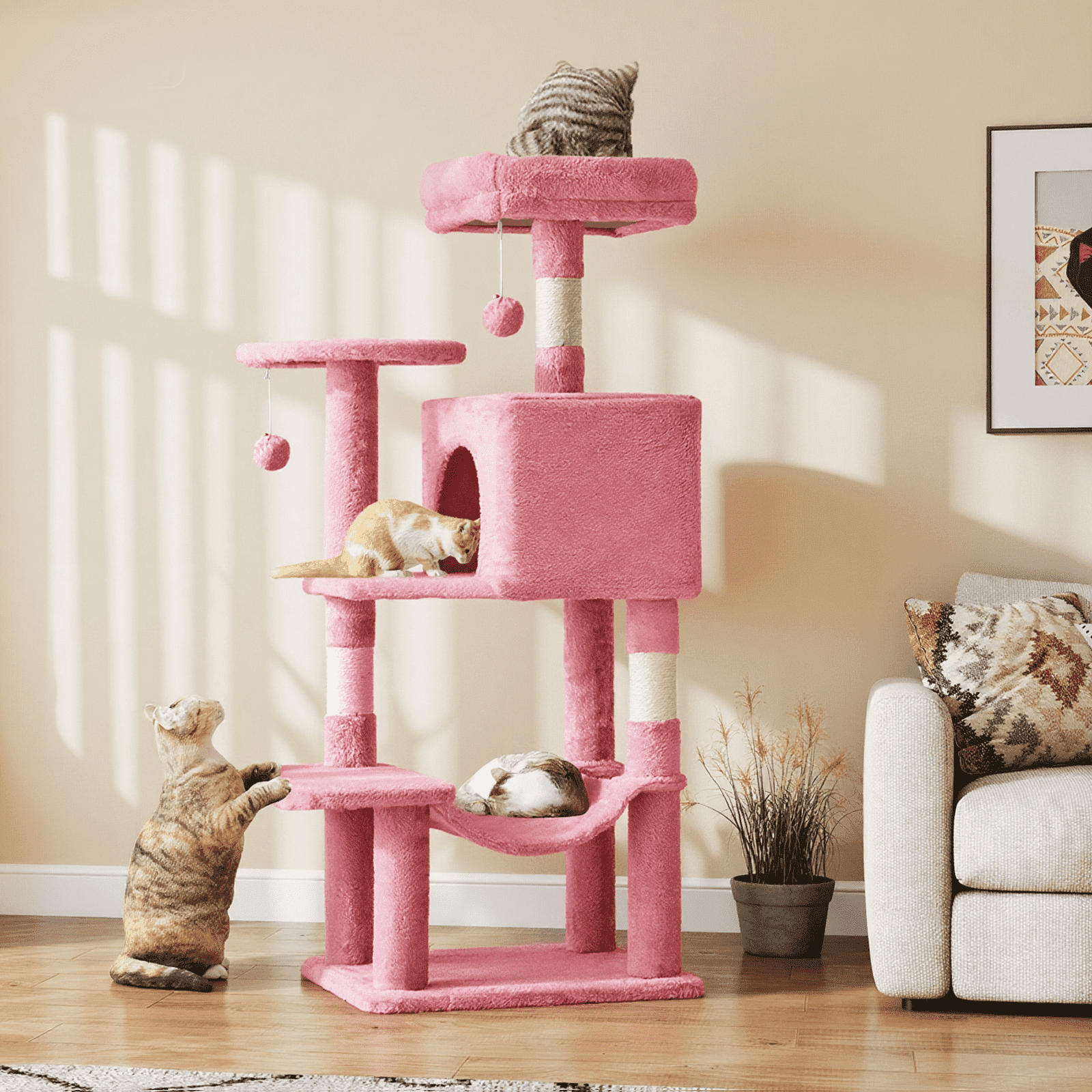 MAYEERTY 44-inch Cat Tree Tower Multi-Cat Climbing Natural Sisal Scratching Posts Extended Platform Hammock