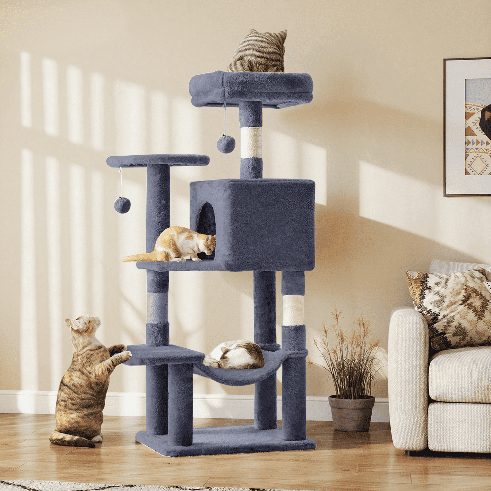 MAYEERTY 44-inch Cat Tree Tower Multi-Cat Climbing Natural Sisal Scratching Posts Extended Platform Hammock