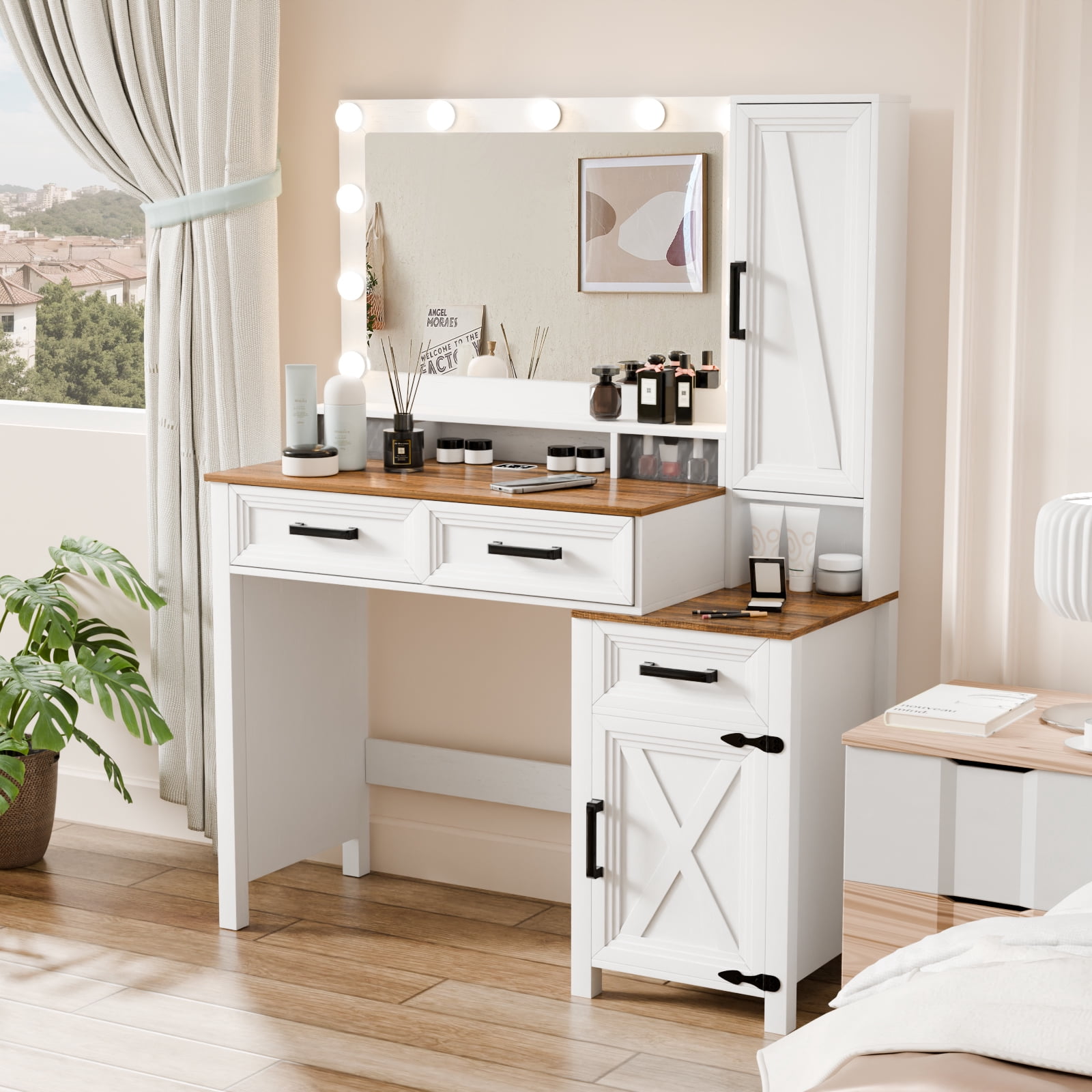 MAYEERTY 45.3" Vanity Desk with LED Lighted Mirror, Modern White Makeup Table with Charging Station & Jewelry Cabinet for Bedroom