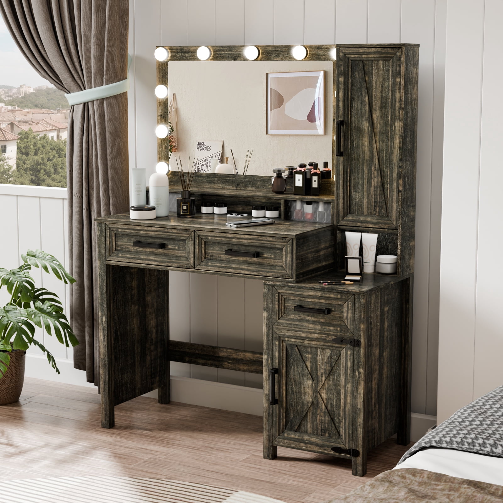 MAYEERTY 45.3" Vintage Brown Vanity Desk with LED Mirror, Sensor Light, USB Charging & Jewelry Cabinet for Bedroom
