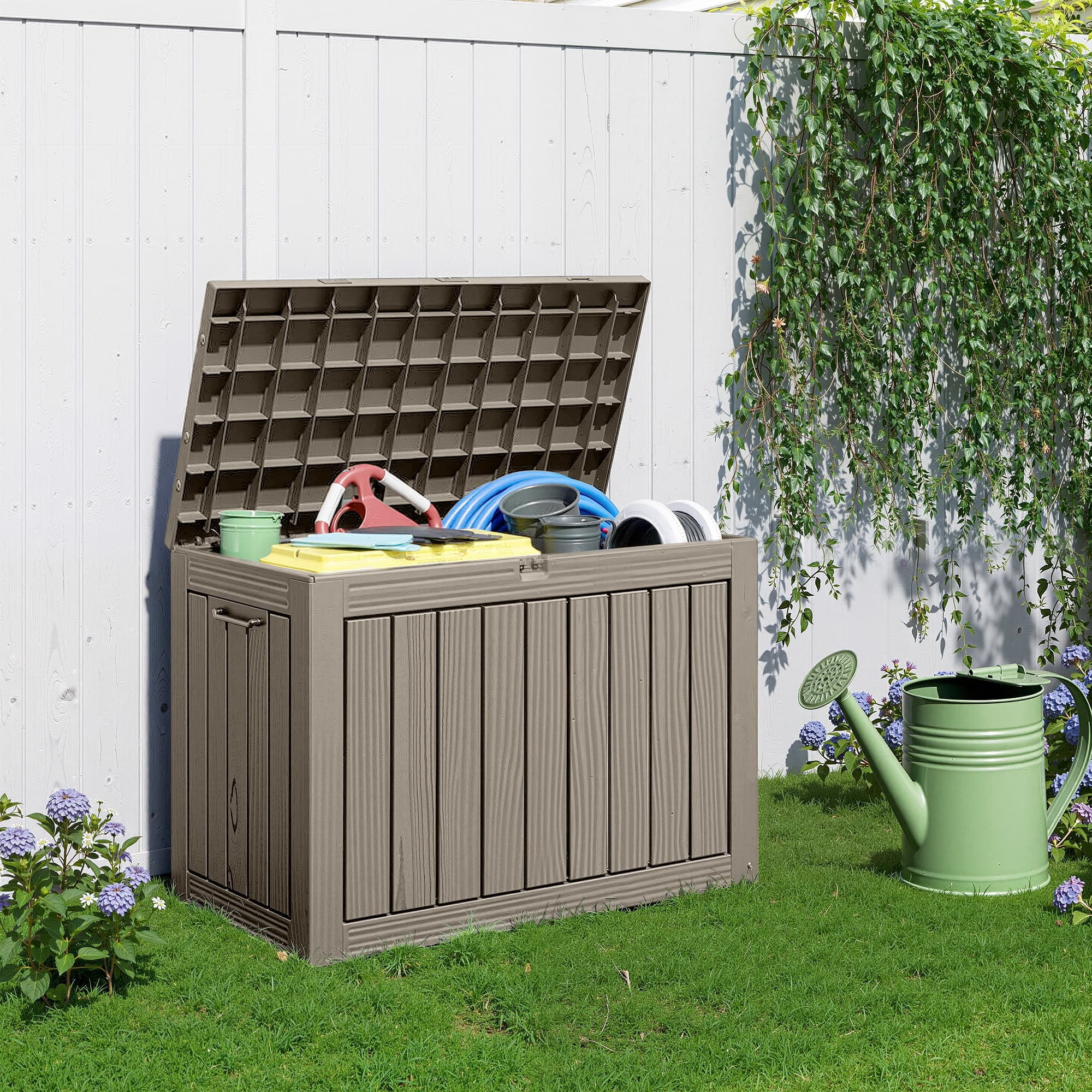 MAYEERTY 45 Gallon Outdoor Deck Box, Large Capacity Storage Box for Patio Furniture Cushions, Pillow with Wheels, Light Brown