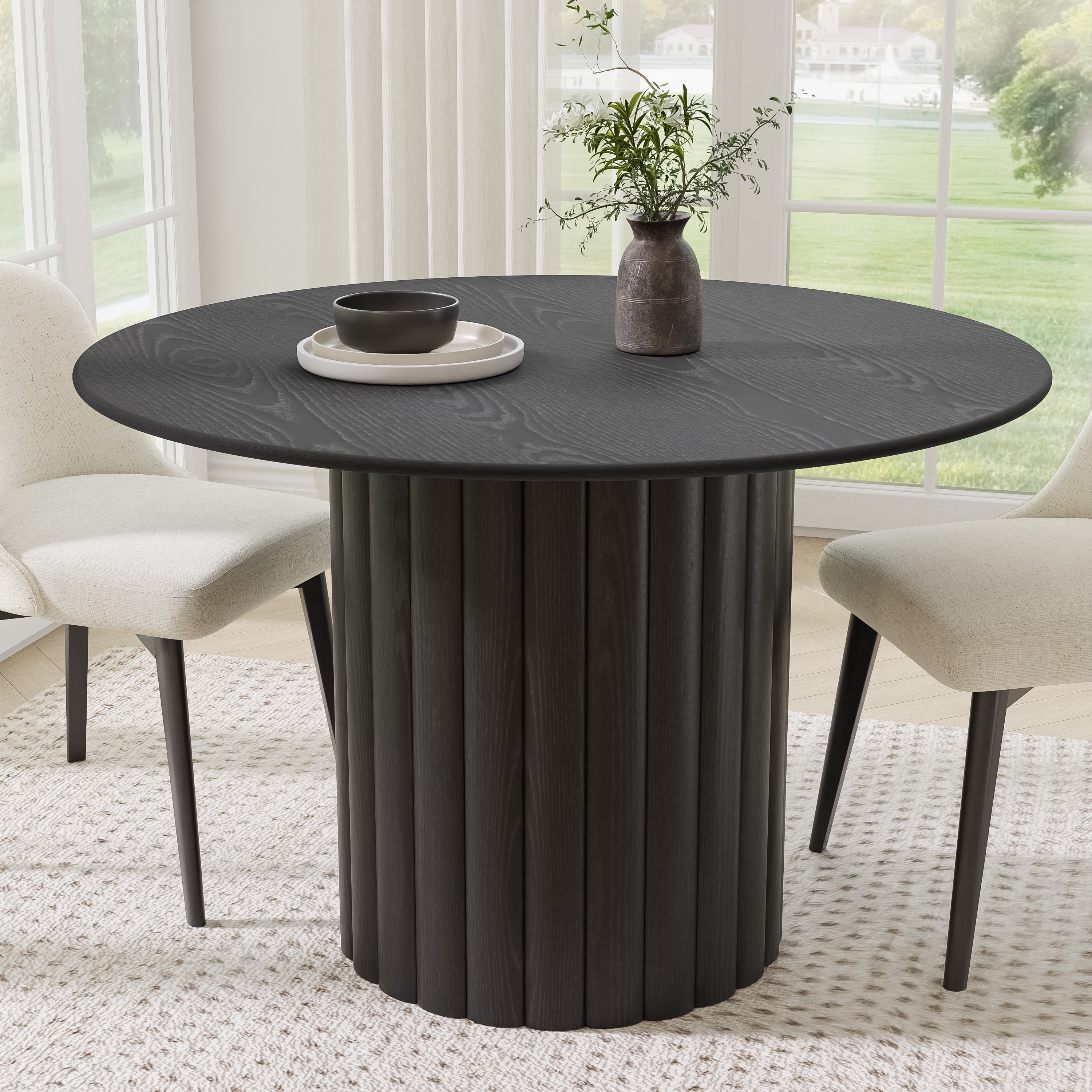 MAYEERTY 46" Round Wood Dining Table for 4-6 People, Modern Kitchen Table with Heavy Duty Wood Base, Black