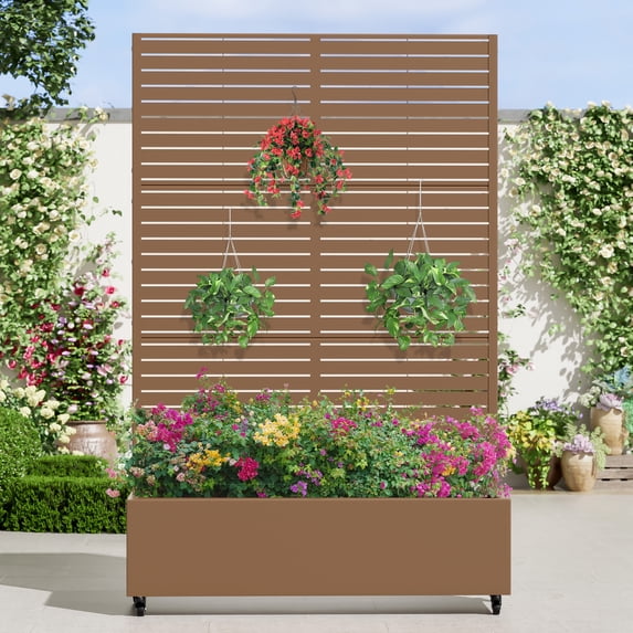 MAYEERTY 47*16*71"Outdoor Brown Metal Planter with Rect Louvered Climbing Trellis, Drainage hole & Wheels