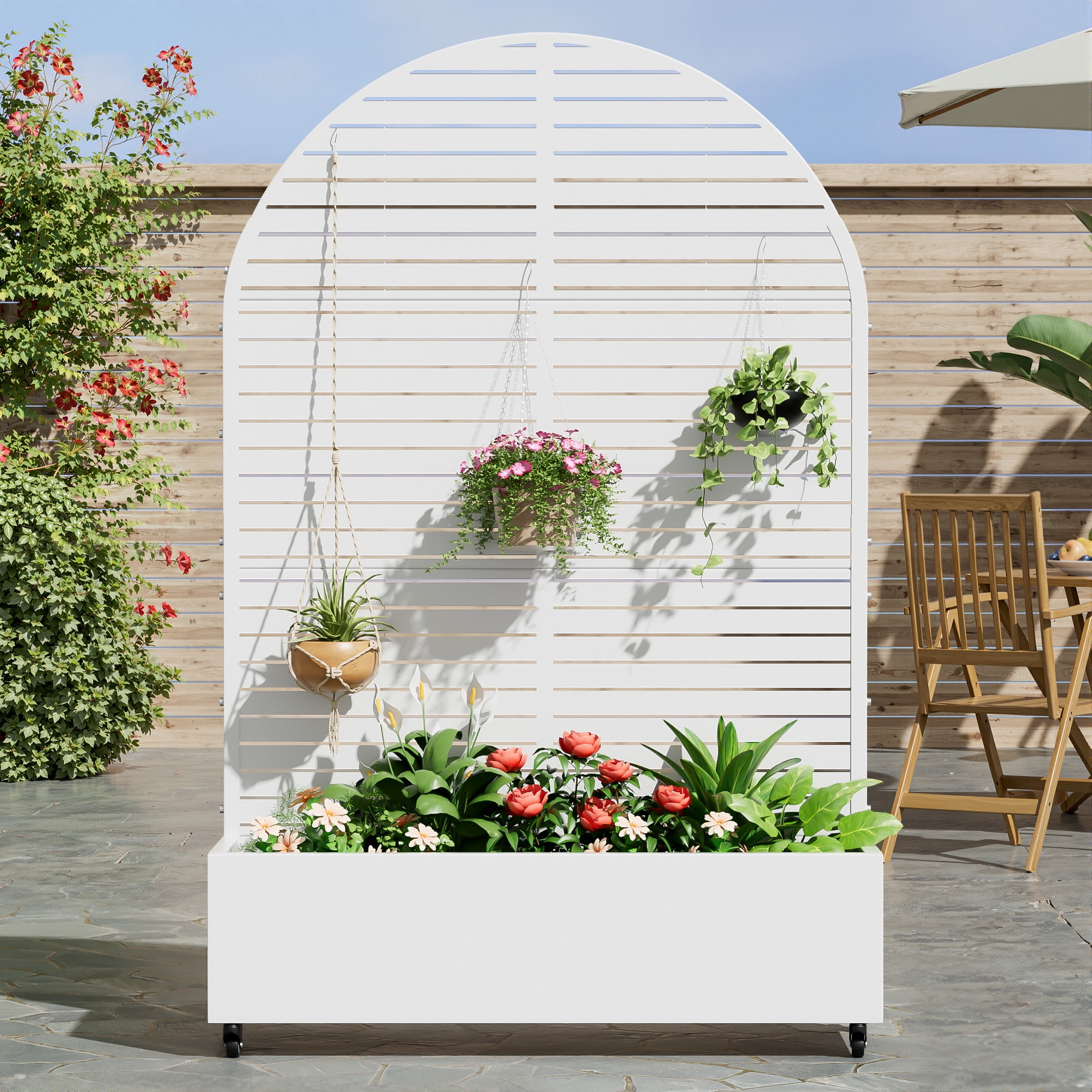 MAYEERTY 47*16*71"Outdoor White Metal Planter with Arch Louvered Climbing Trellis, Drainage hole & Wheels
