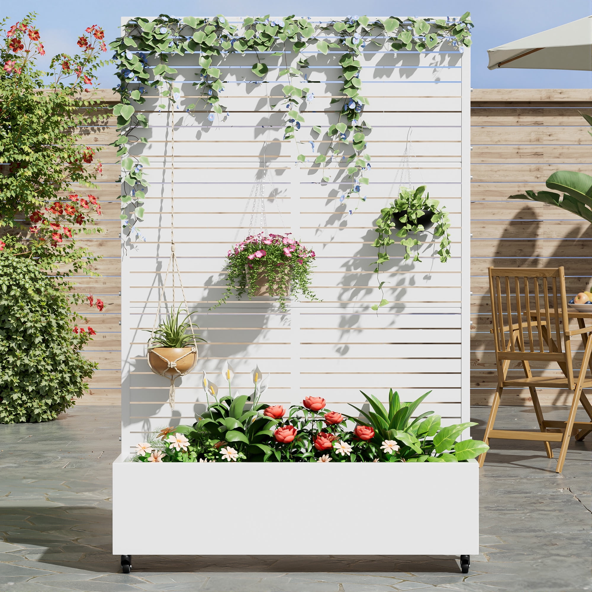 MAYEERTY 47*16*71"Outdoor White Metal Planter with Rect Louvered Climbing Trellis, Drainage hole & Wheels