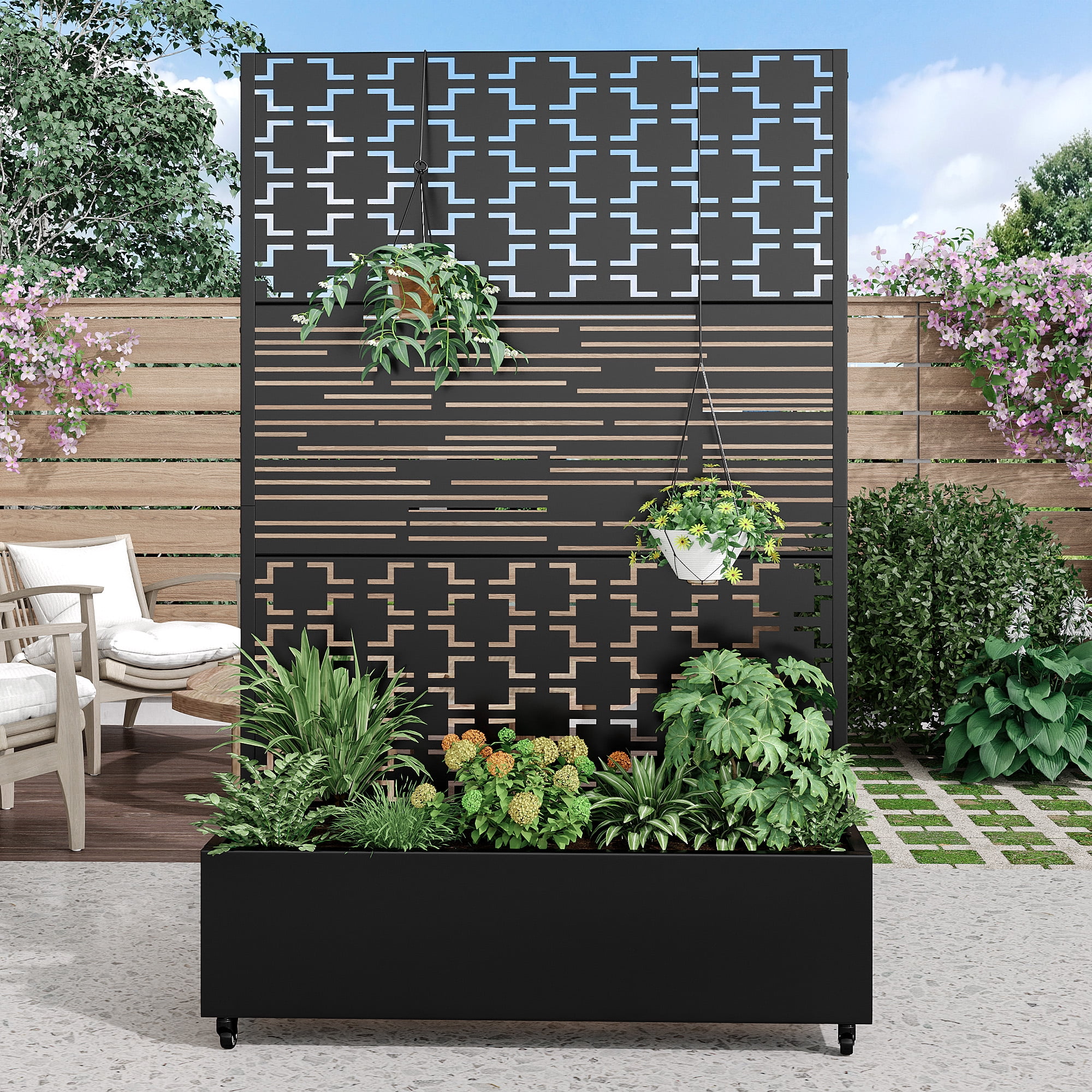 MAYEERTY 47*16*72" Outdoor Black Metal Planter Box with Trellis for Climbing Plants,Brick & Light-Shadow Pattern