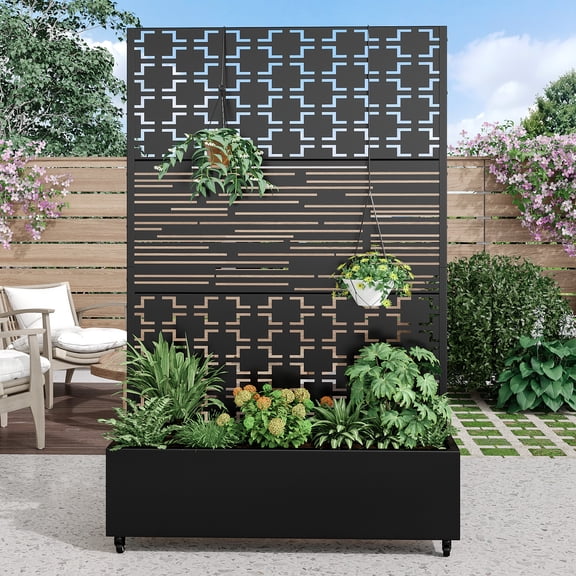 MAYEERTY 47*16*72" Outdoor Black Metal Planter Box with Trellis for Climbing Plants,Brick & Light-Shadow Pattern