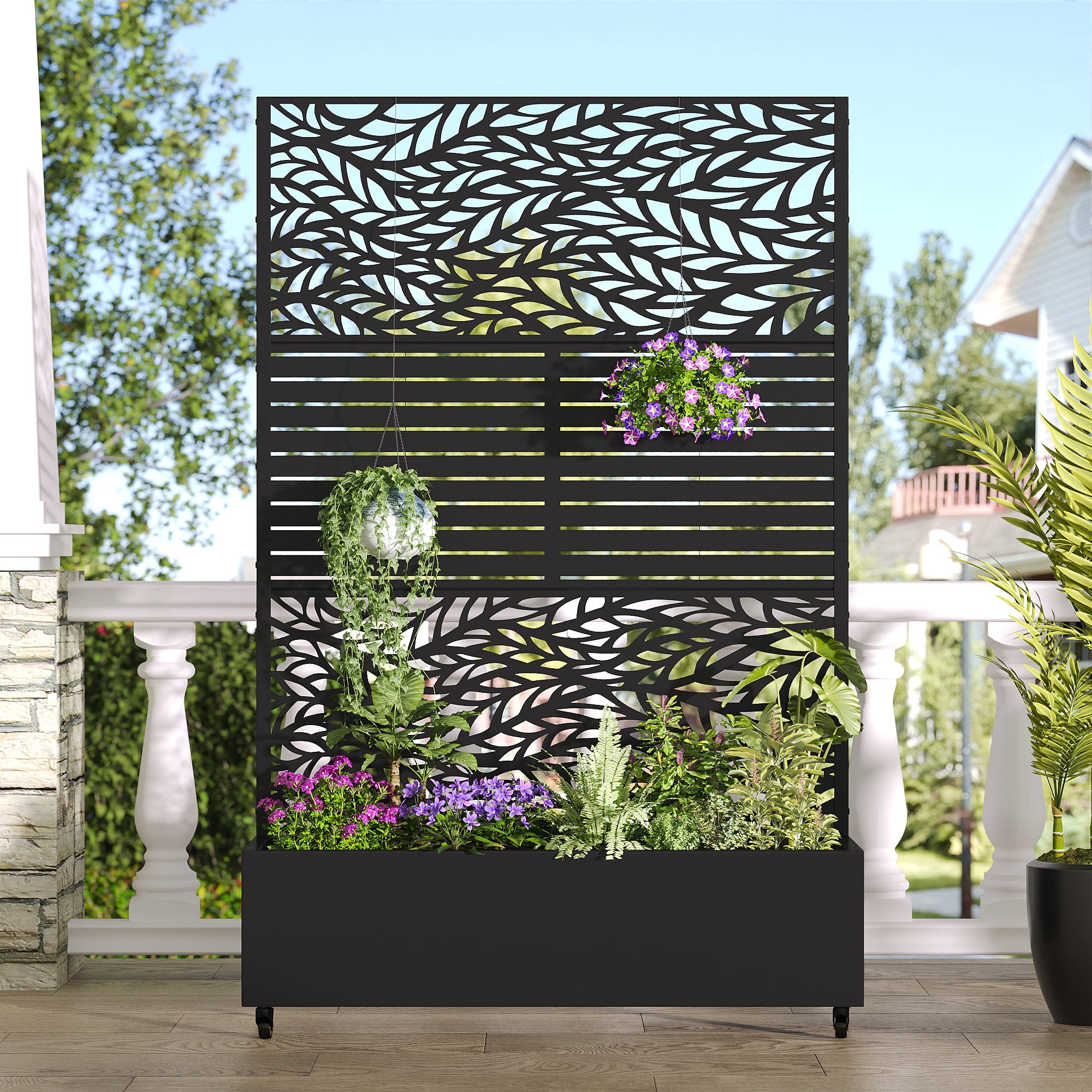 MAYEERTY 47*16*72" Outdoor Black Metal Planter Box with Trellis for Climbing Plants, Leafy & Parallel Pattern