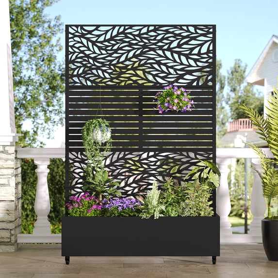 MAYEERTY 47*16*72" Outdoor Black Metal Planter Box with Trellis for Climbing Plants, Leafy & Parallel Pattern