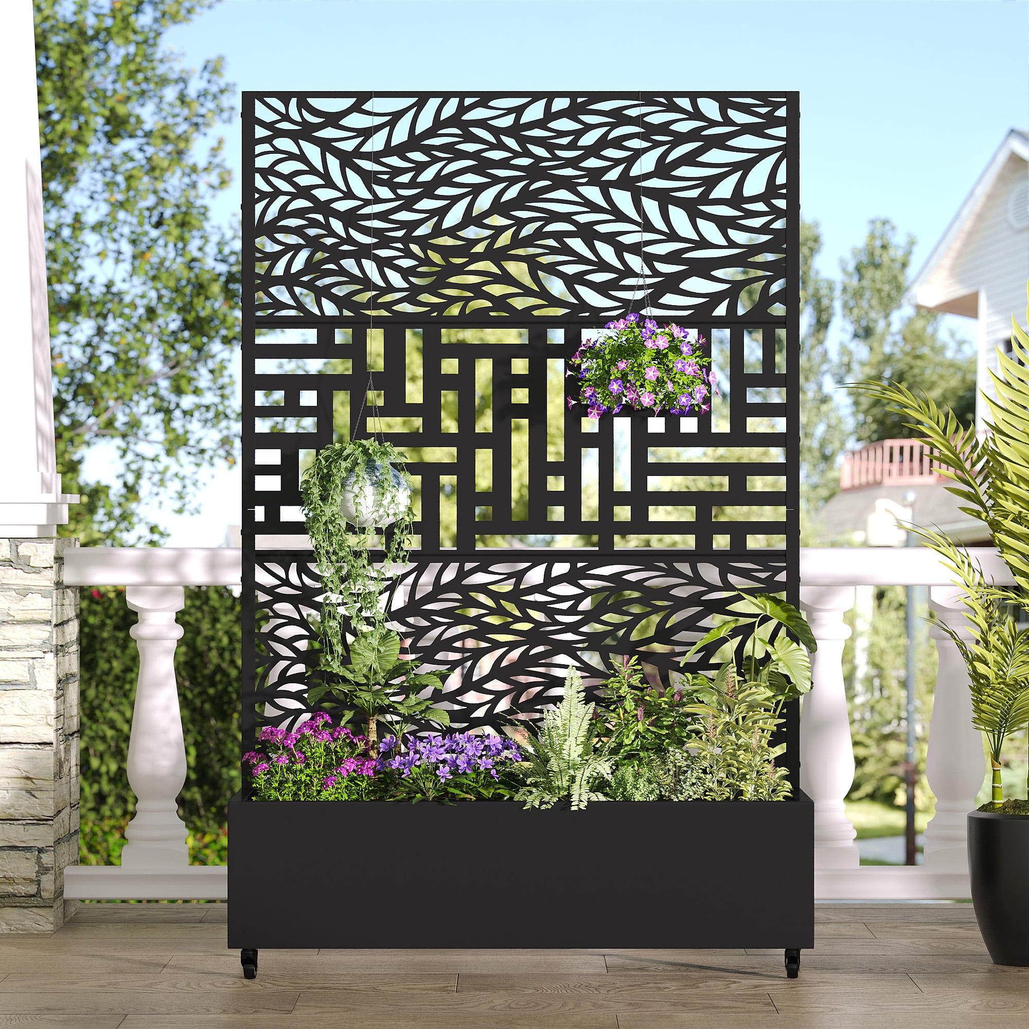 MAYEERTY 47*16*72" Outdoor Black Metal Planter Box with Trellis for Climbing Plants, Leafy & Street Pattern