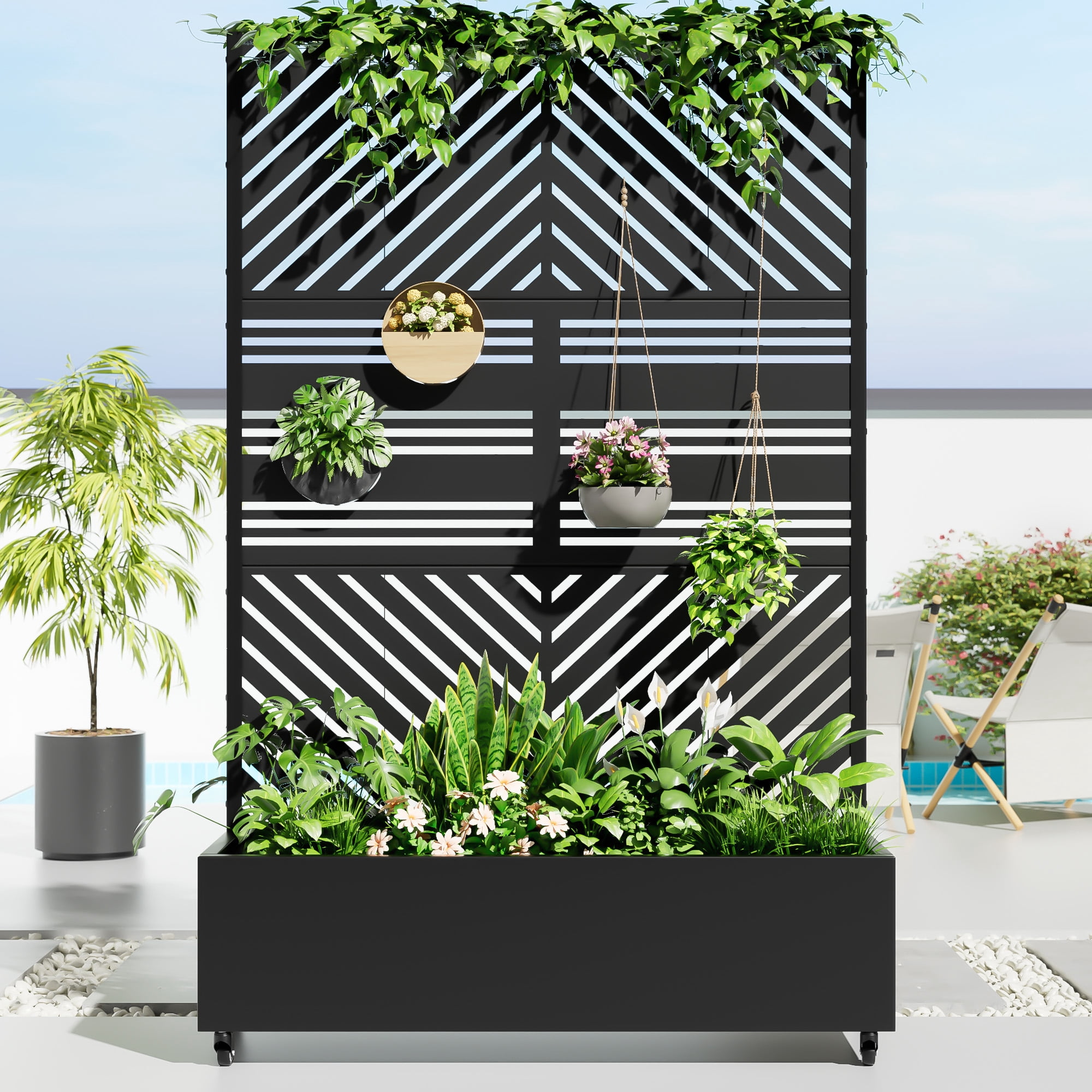 MAYEERTY 47*16*72" Outdoor Black Metal Planter Box with Trellis for Climbing Plants, Parallel Pattern Panel
