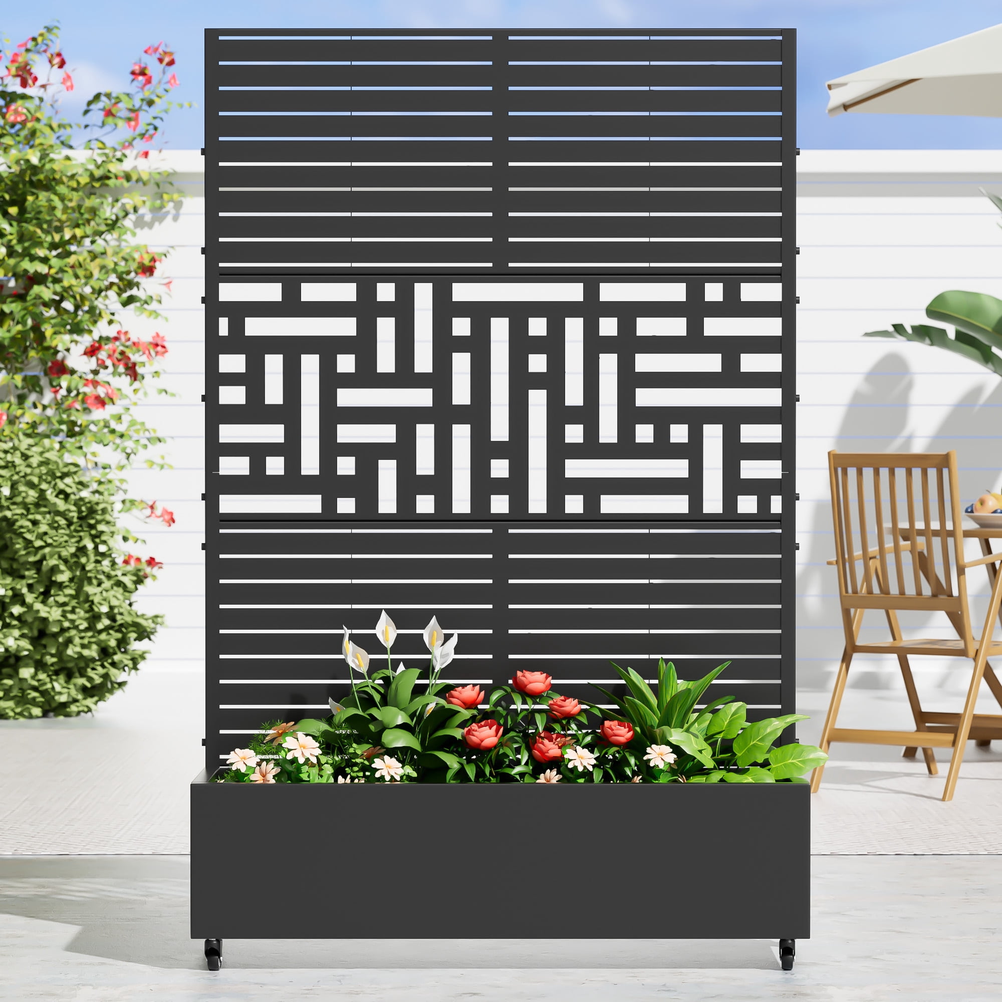 MAYEERTY 47*16*72" Outdoor Black Metal Planter Box with Trellis for Climbing Plants, Parallel & Street Pattern