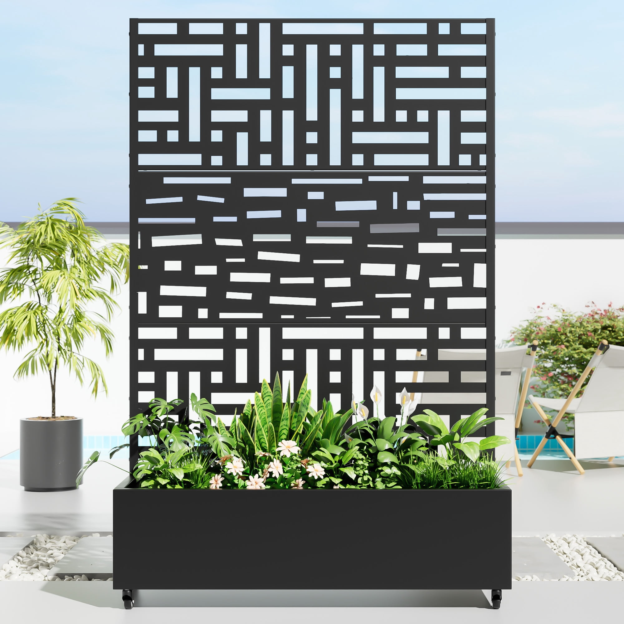 MAYEERTY 47*16*72" Outdoor Black Metal Planter Box with Trellis for Climbing Plants, Street Pattern Panel