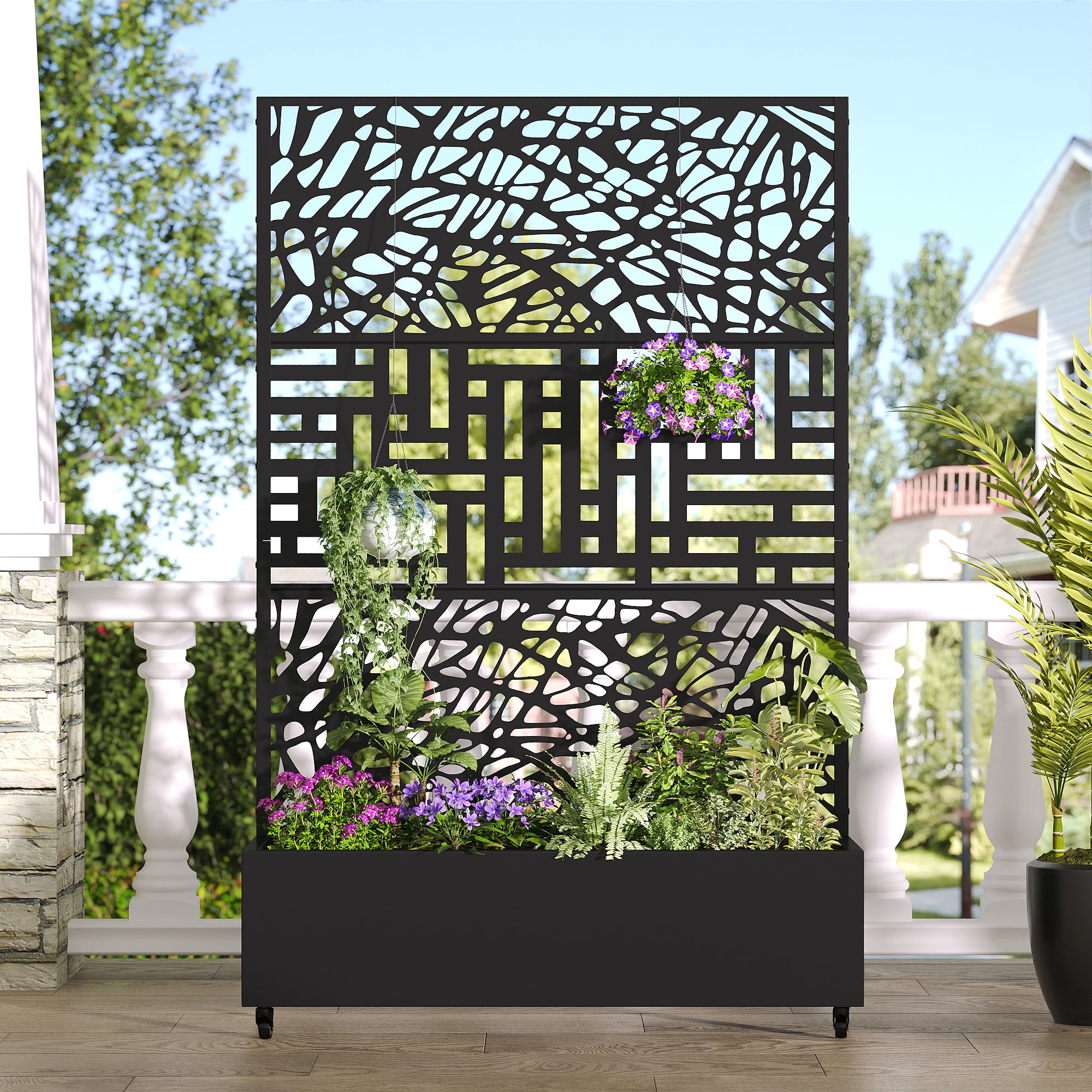 MAYEERTY 47*16*72" Outdoor Black Metal Planter Box with Trellis for Climbing Plants, Vine & Street Pattern