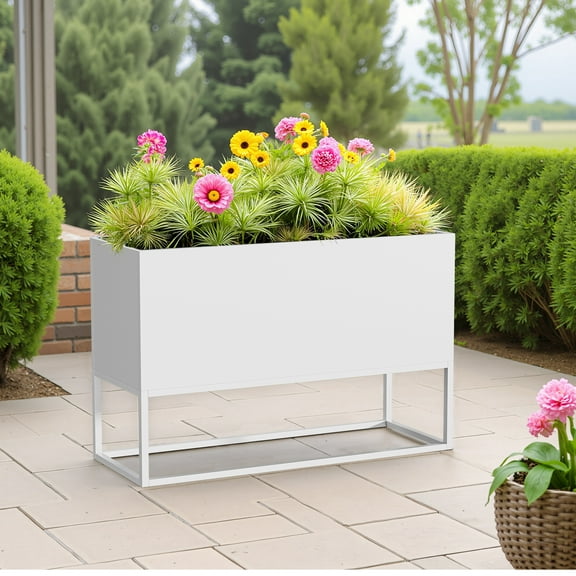 MAYEERTY 47*18*18" White Modern Rect Metal Planter Box with Stand for Outdoor Gardening, Patio & Balcony
