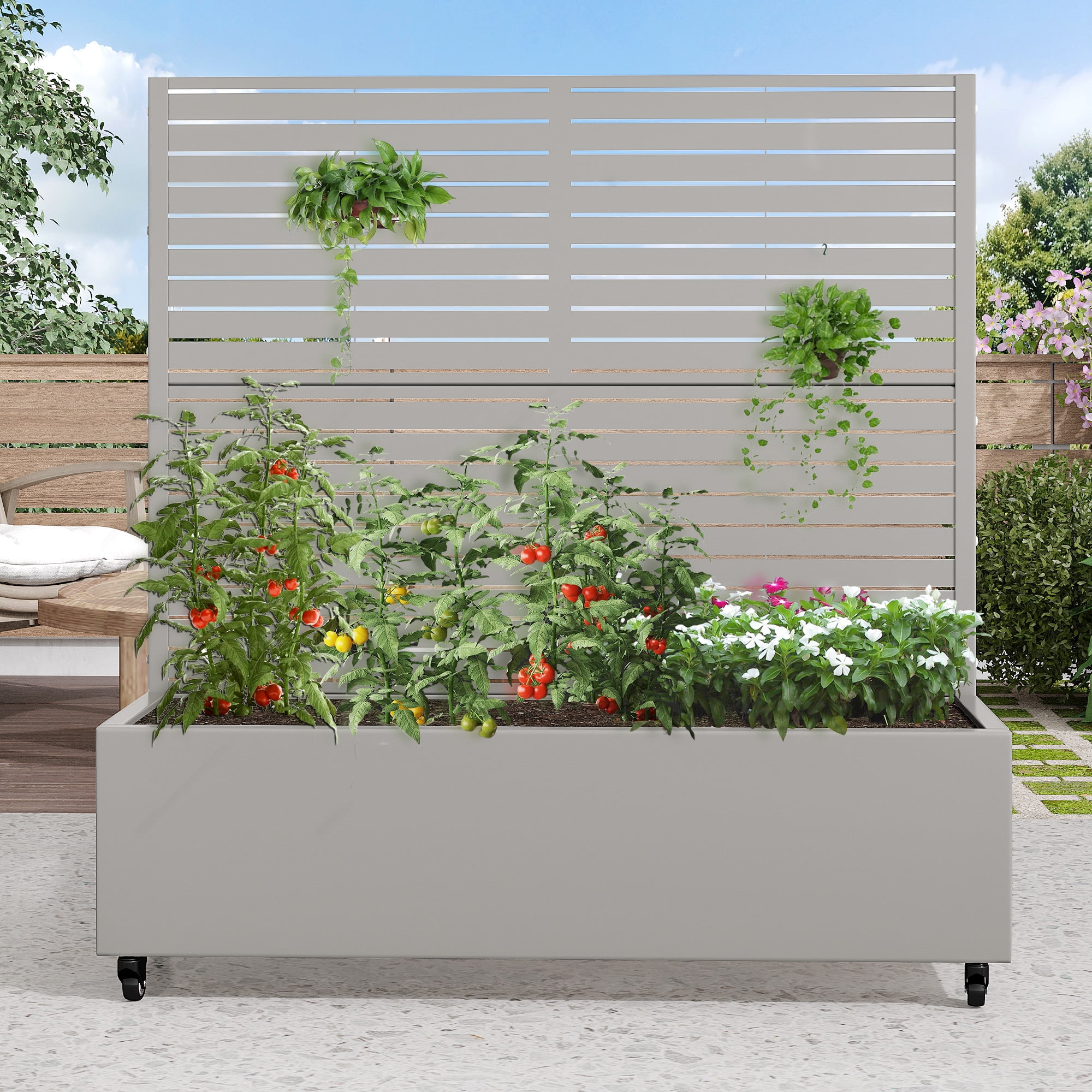 MAYEERTY 47.2"×47.2"×15.7" Gray Iron Planter Box with Trellis - Louvered Design, Perfect for Patio Greenery