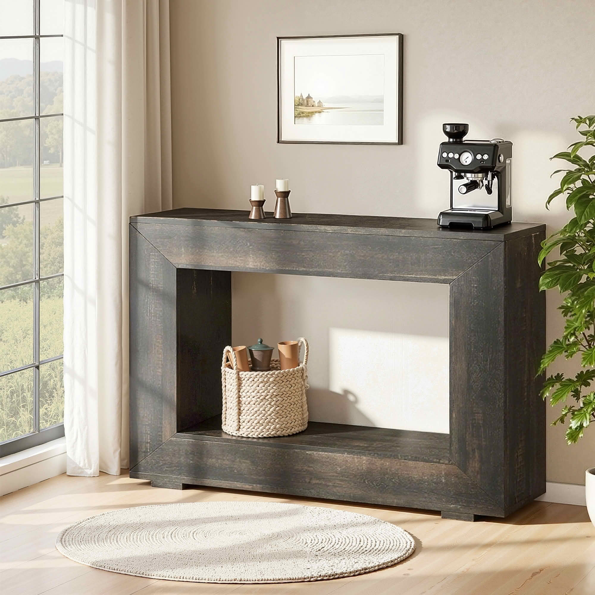 MAYEERTY 47.2" Farmhouse 2-Tier Console Table, E1 MDF Square Leg Entryway Sofa Table with Adjustable Anti-Slip Pads