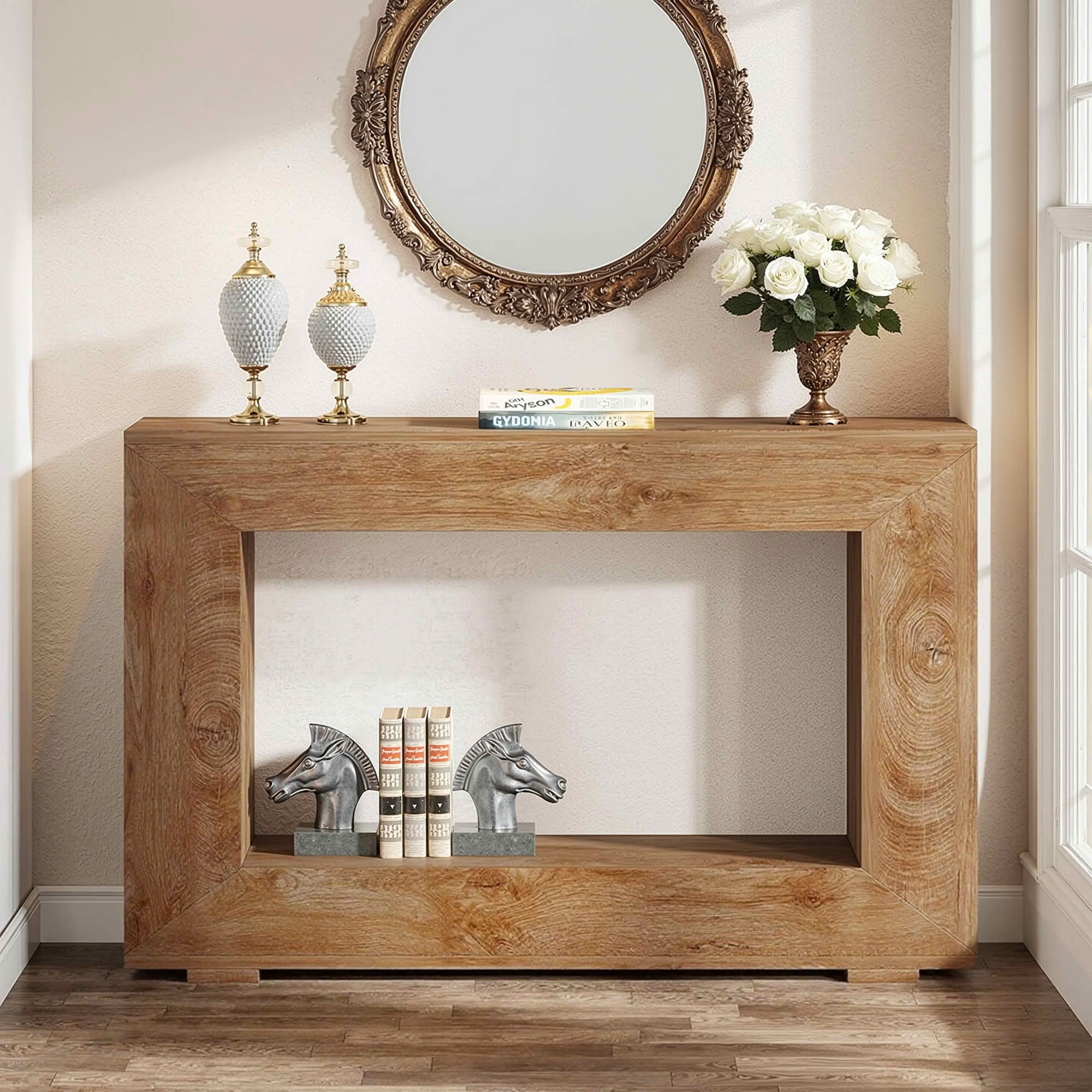 MAYEERTY 47.2" Farmhouse 2-Tier Console Table, E1 MDF Square Leg Entryway Sofa Table with Adjustable Anti-Slip Pads