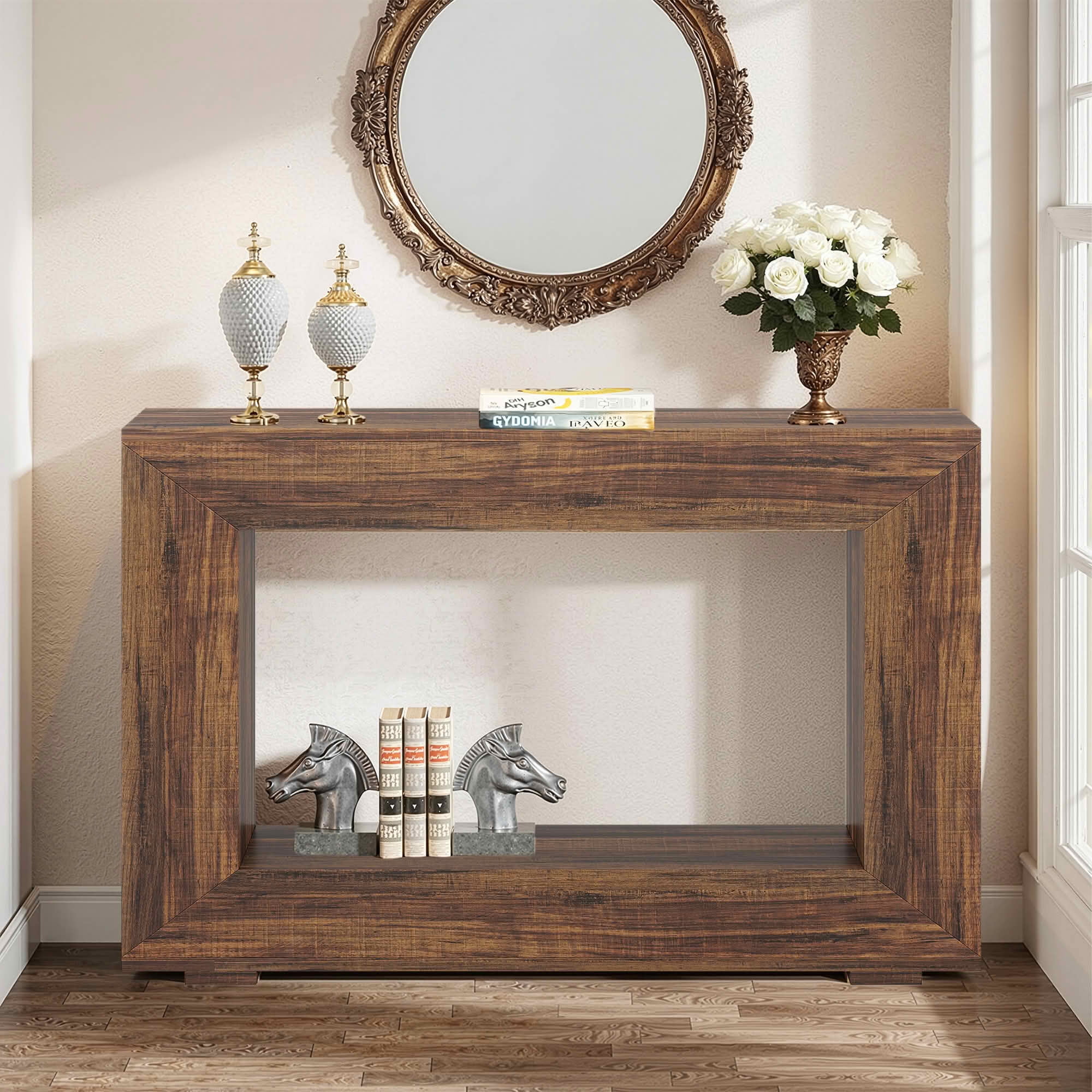 MAYEERTY 47.2" Farmhouse 2-Tier Console Table, E1 MDF Square Leg Entryway Sofa Table with Adjustable Anti-Slip Pads
