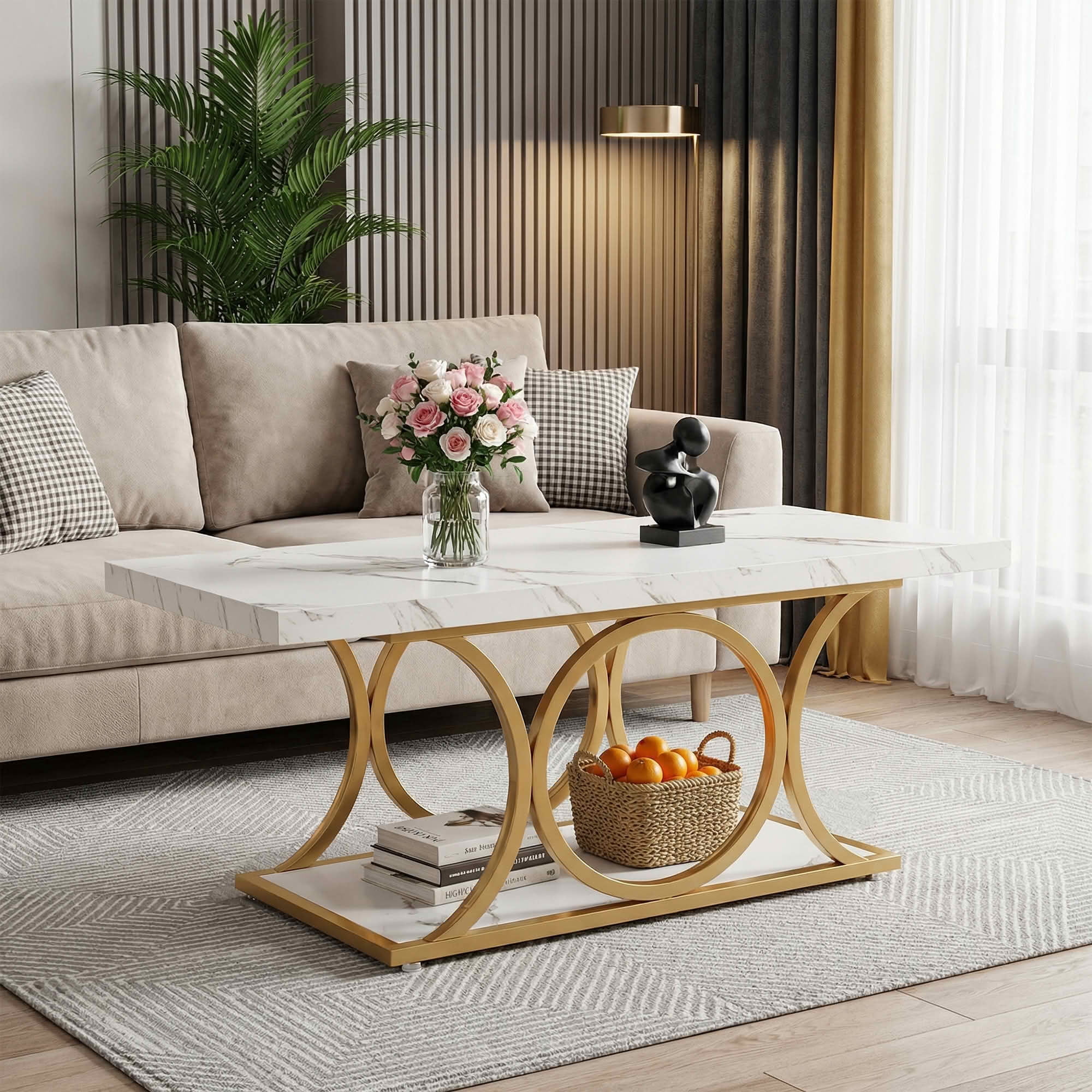 MAYEERTY 47.24" 2-Tier Rectangular Coffee Table, White Faux Marble E1 Particle Board Gold Metal Leg Storage Center Table for Living Room Studio Apartment