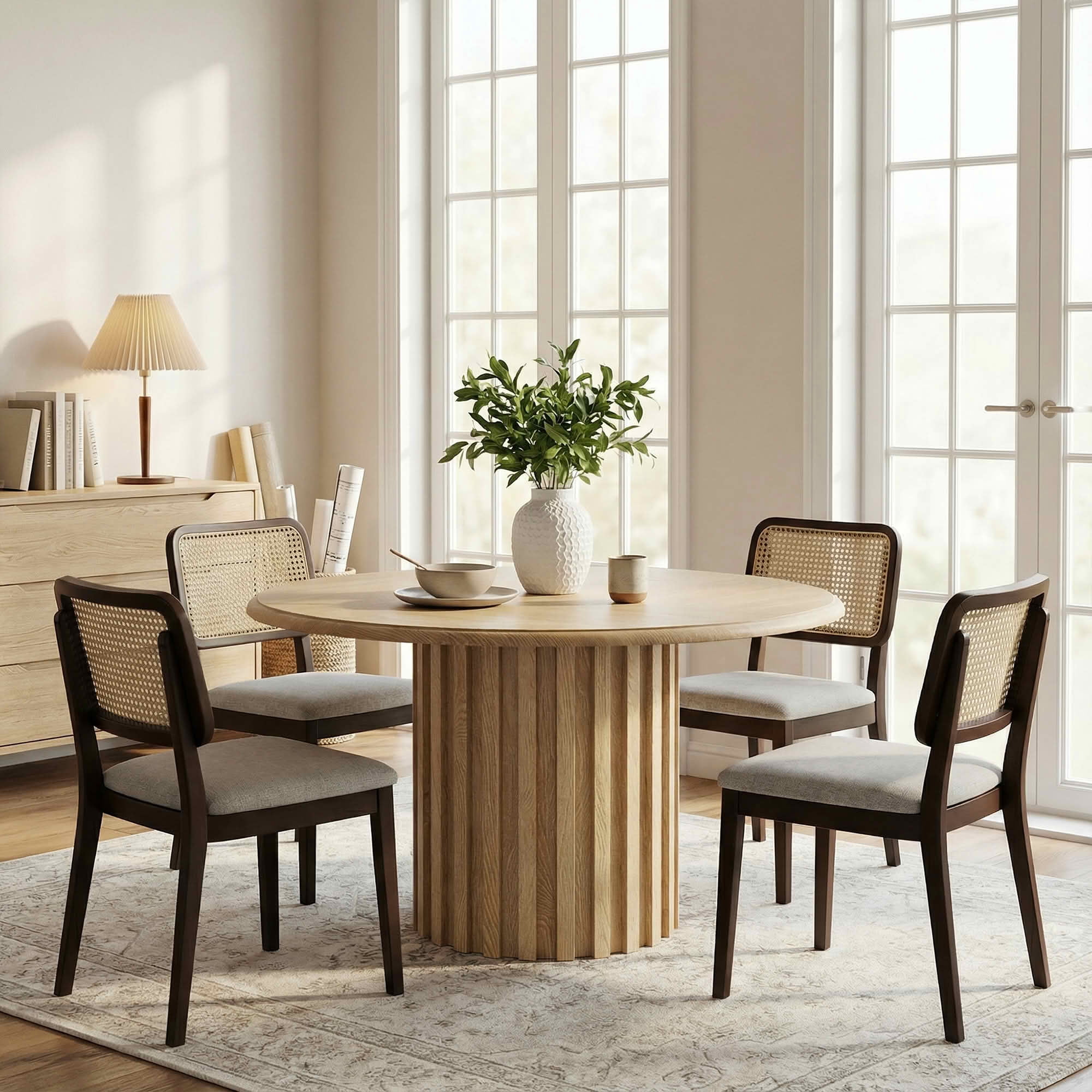 MAYEERTY 47.24 Inch Farmhouse Round Dining Table for 4 to 6 People, Wooden Look Dinner Table with Reinforced Metal Pedestal Base for Kitchen Dining Room