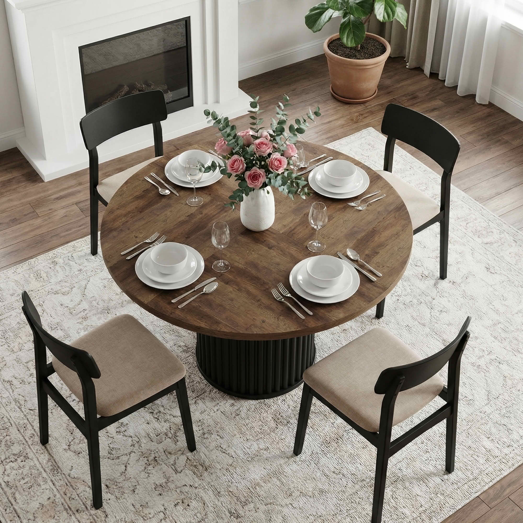 MAYEERTY 47.24" Mid-Century Round Dining Table, Black Textured MDF Top Fluted Metal Base, Seats 6 with Adjustable Anti-Slip Foot Pads