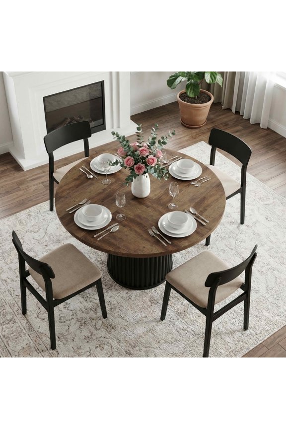 47.24" Mid-Century Round Dining Table, Black Textured MDF Top Fluted Metal Base, Seats 6 with Adjustable Anti-Slip Foot Pads